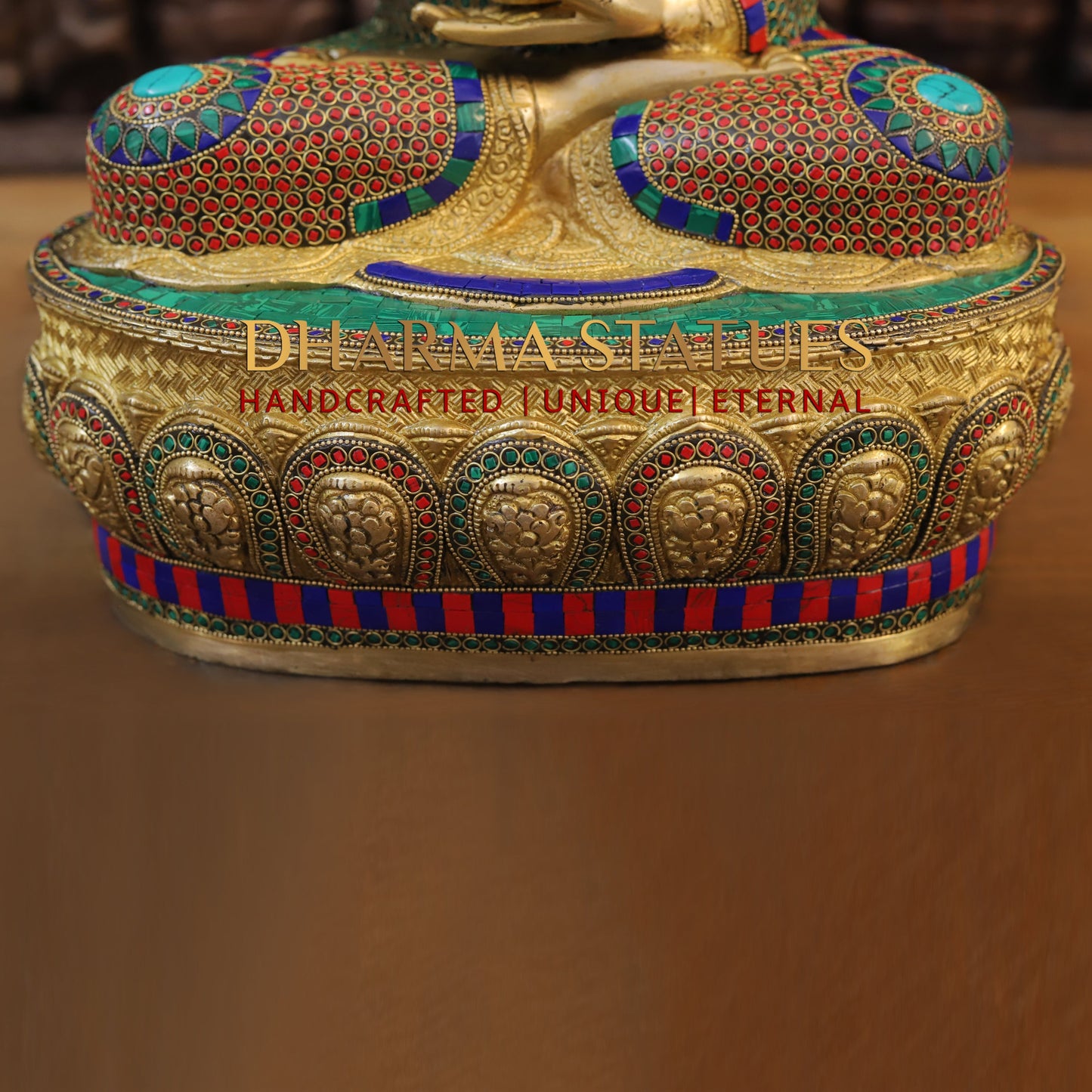 Brass Buddha seated, Blessing Position, Golden & Stonework, 21"