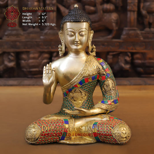 Brass Buddha seated, Blessing Position, Golden & Stonework, 12"