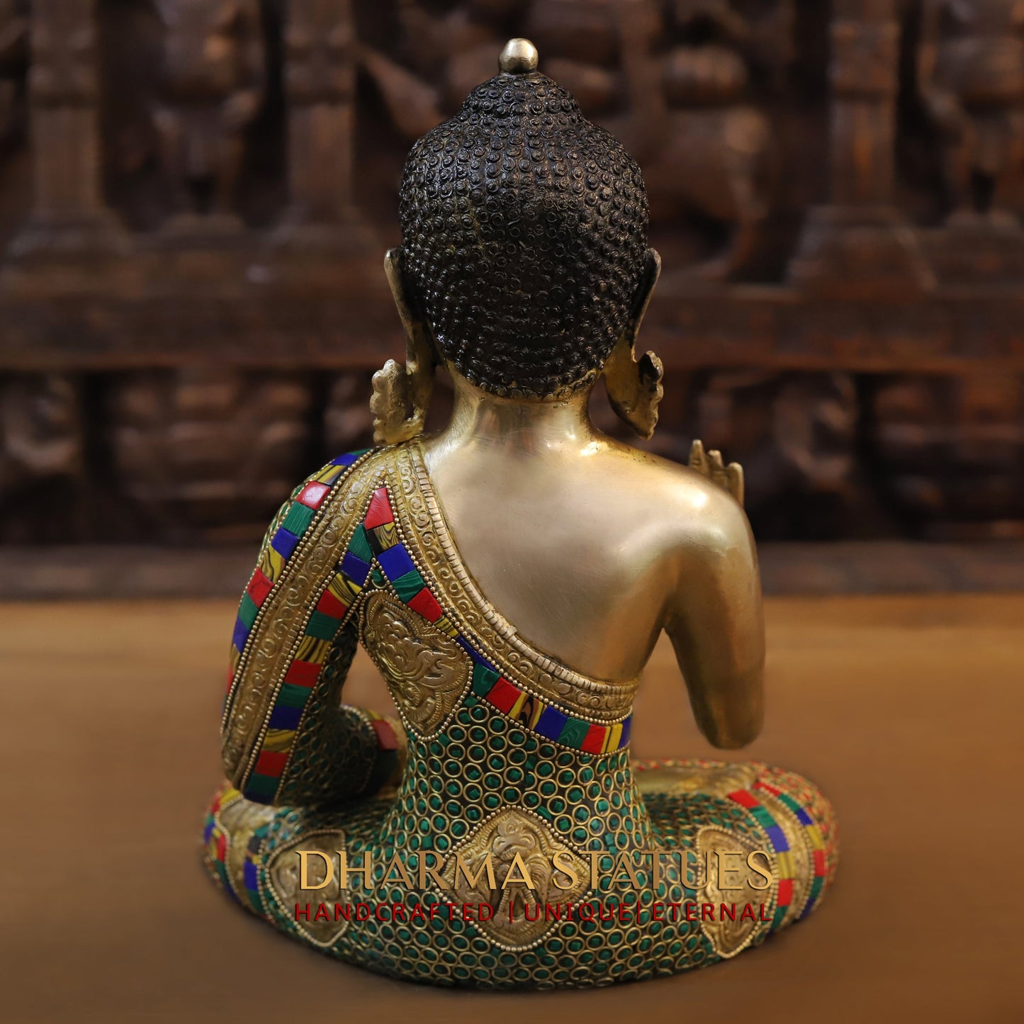 Brass Buddha seated, Blessing Position, Golden & Stonework, 12"