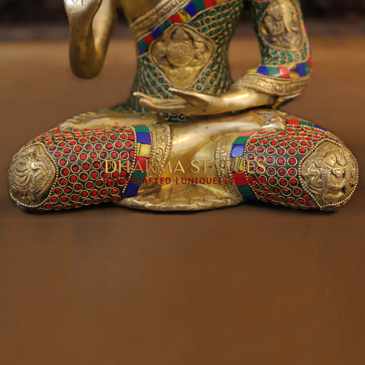 Brass Buddha seated, Blessing Position, Golden & Stonework, 12"