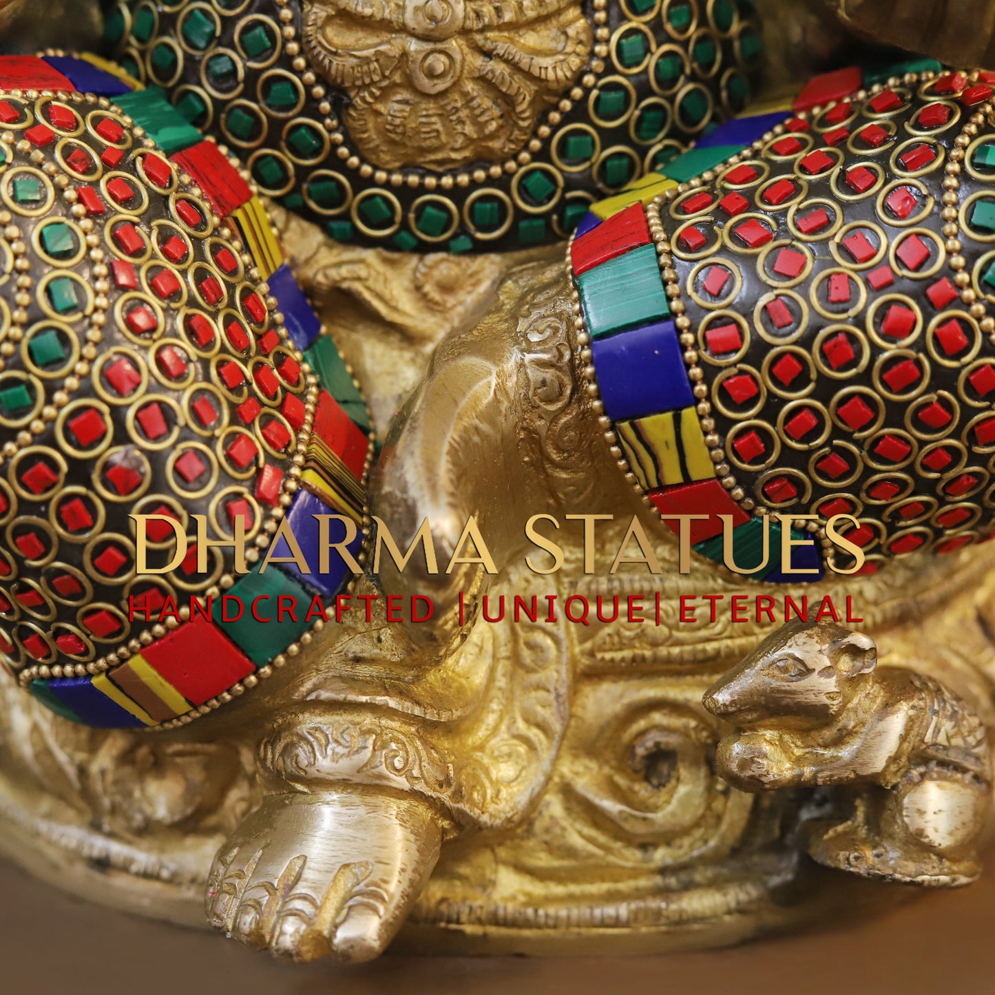 Brass Ganesh seated on Base, Blessing Position, Golden & Stonework, 11"