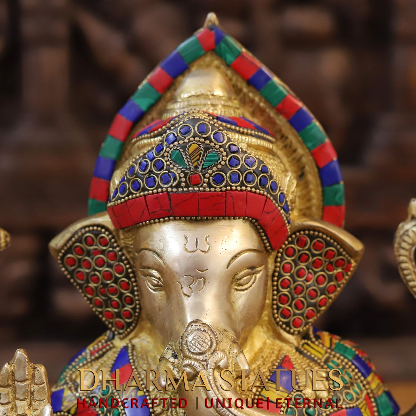 Brass Ganesh seated on Base, Blessing Position, Golden & Stonework, 12"