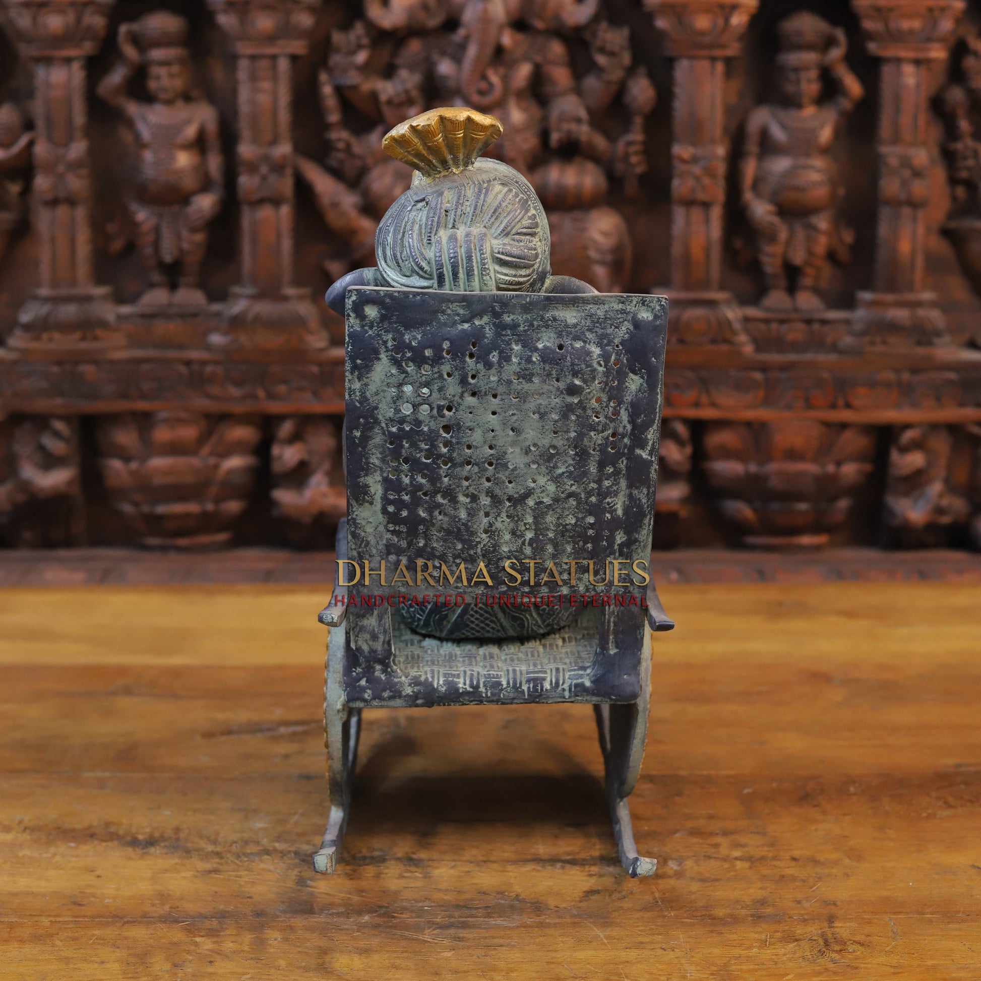 Brass Ganesh Statue, Sitting on a Chair and Reading, Blue and Golden Finish 16" back view