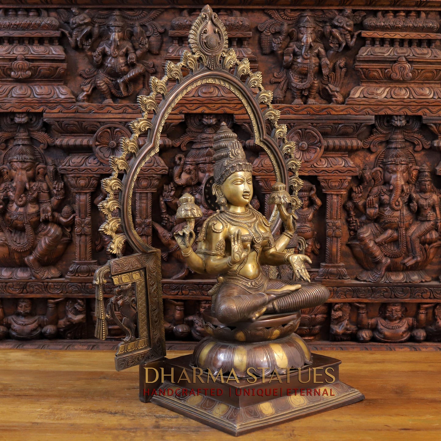 Brass Lakshmi Idol, Seated on a Lotus, Copper and Golden Finish 32.5" side view