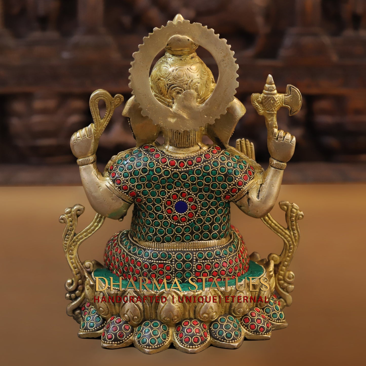 Brass Ganesh seated on Lotus, Blessing Position, Golden & Stonework, 9.5"