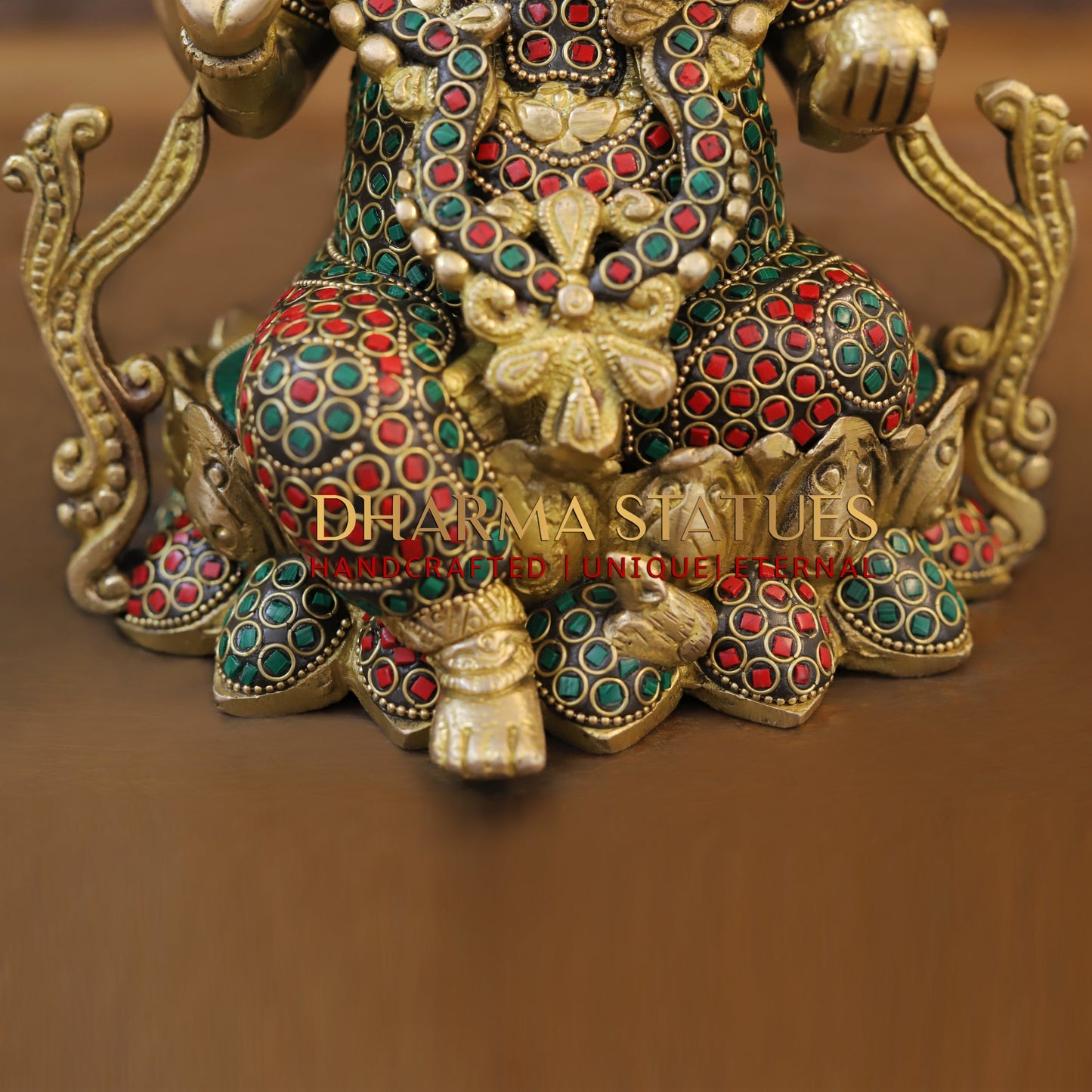 Brass Ganesh seated on Lotus, Blessing Position, Golden & Stonework, 9.5"
