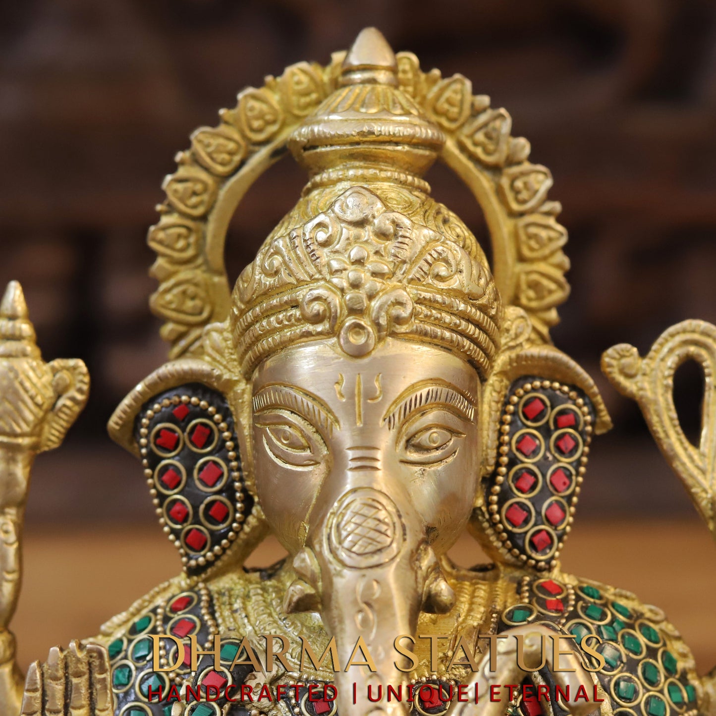 Brass Ganesh seated on Lotus, Blessing Position, Golden & Stonework, 9.5"