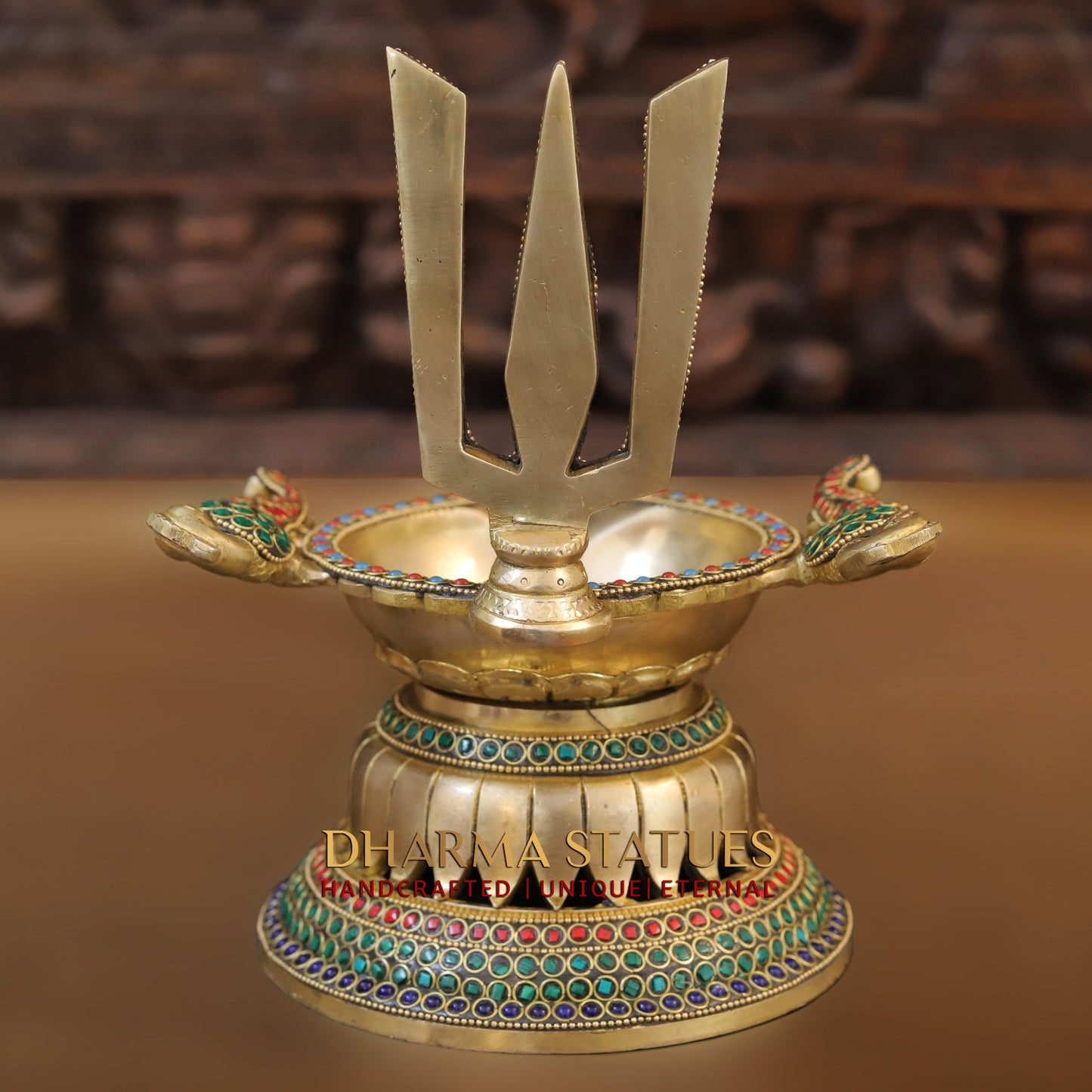 Brass shankh chakra Lamp, Golden & Stonework, 9.5"