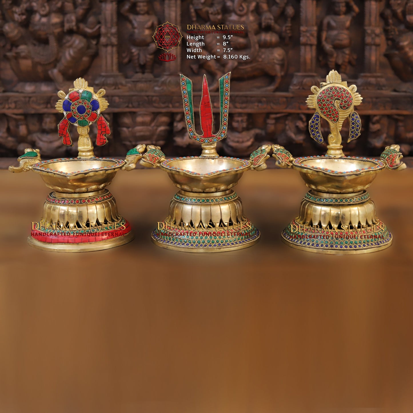 Brass shankh chakra Lamp, Golden & Stonework, 9.5"