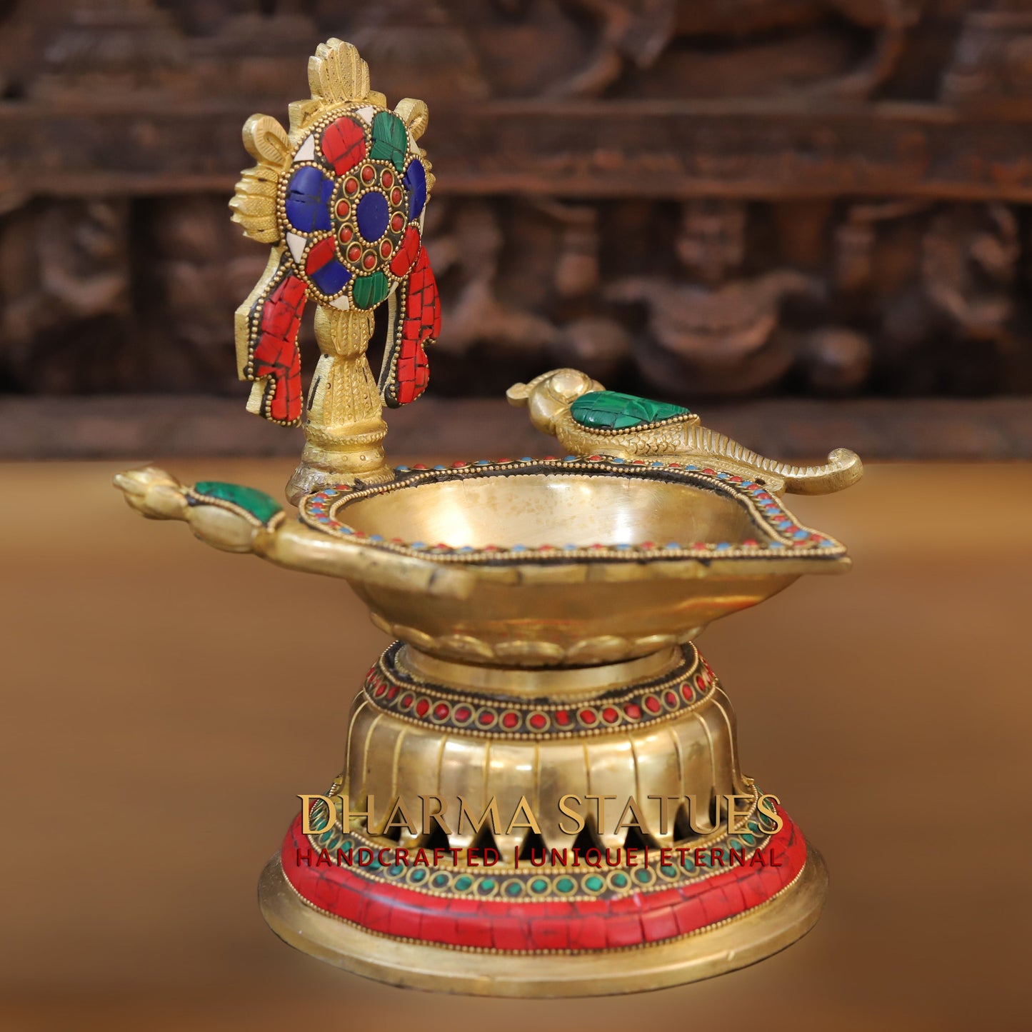 Brass Shankhya Chakra Vishnu Lamps Oil Lamps, Golden & Stonework, 9.5"