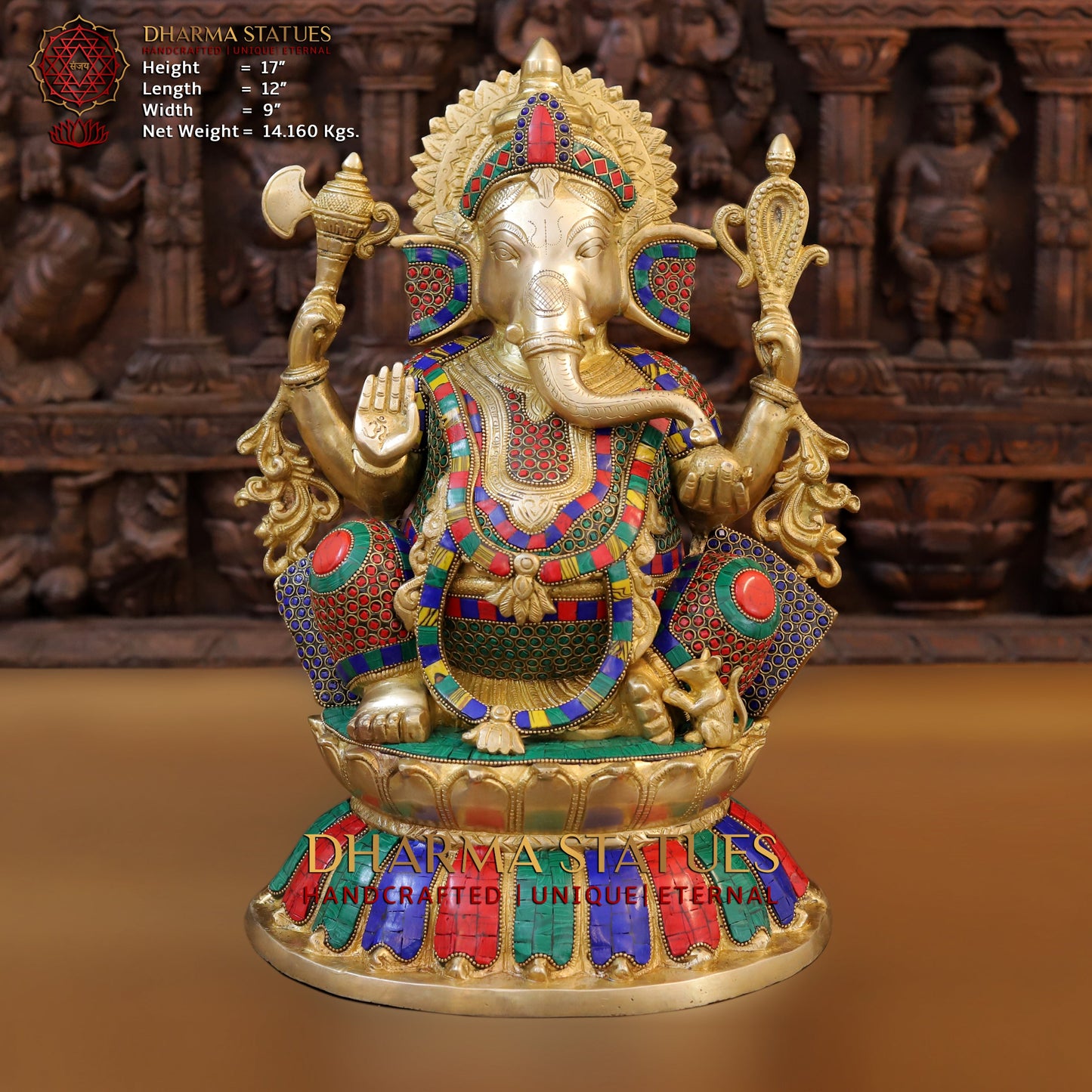 Brass Ganesh seated on Base, Blessing posture, Golden & Stonework, 17"