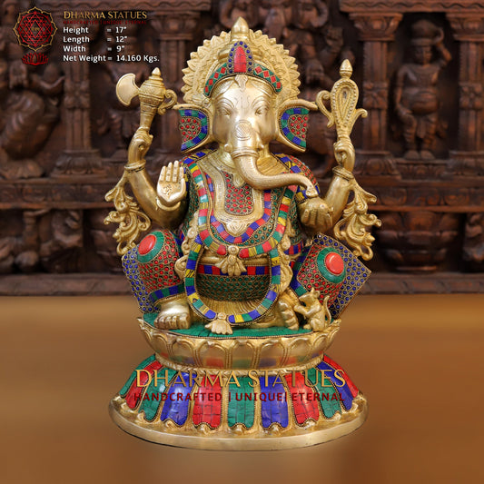 Brass Ganesh seated on Base, Blessing posture, Golden & Stonework, 17"