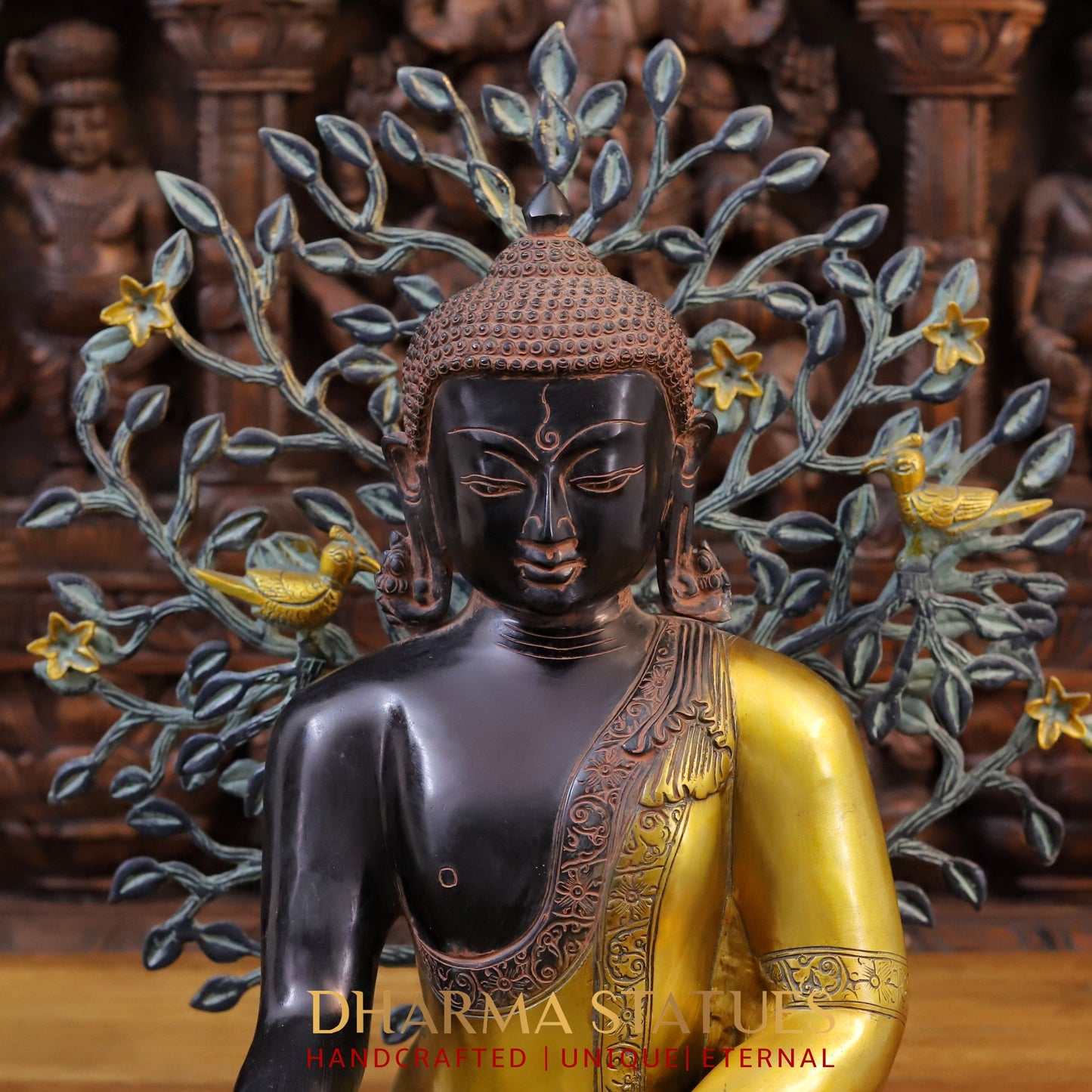 Brass Buddha Idol, Seated, Black patina and Golden Finish 15"