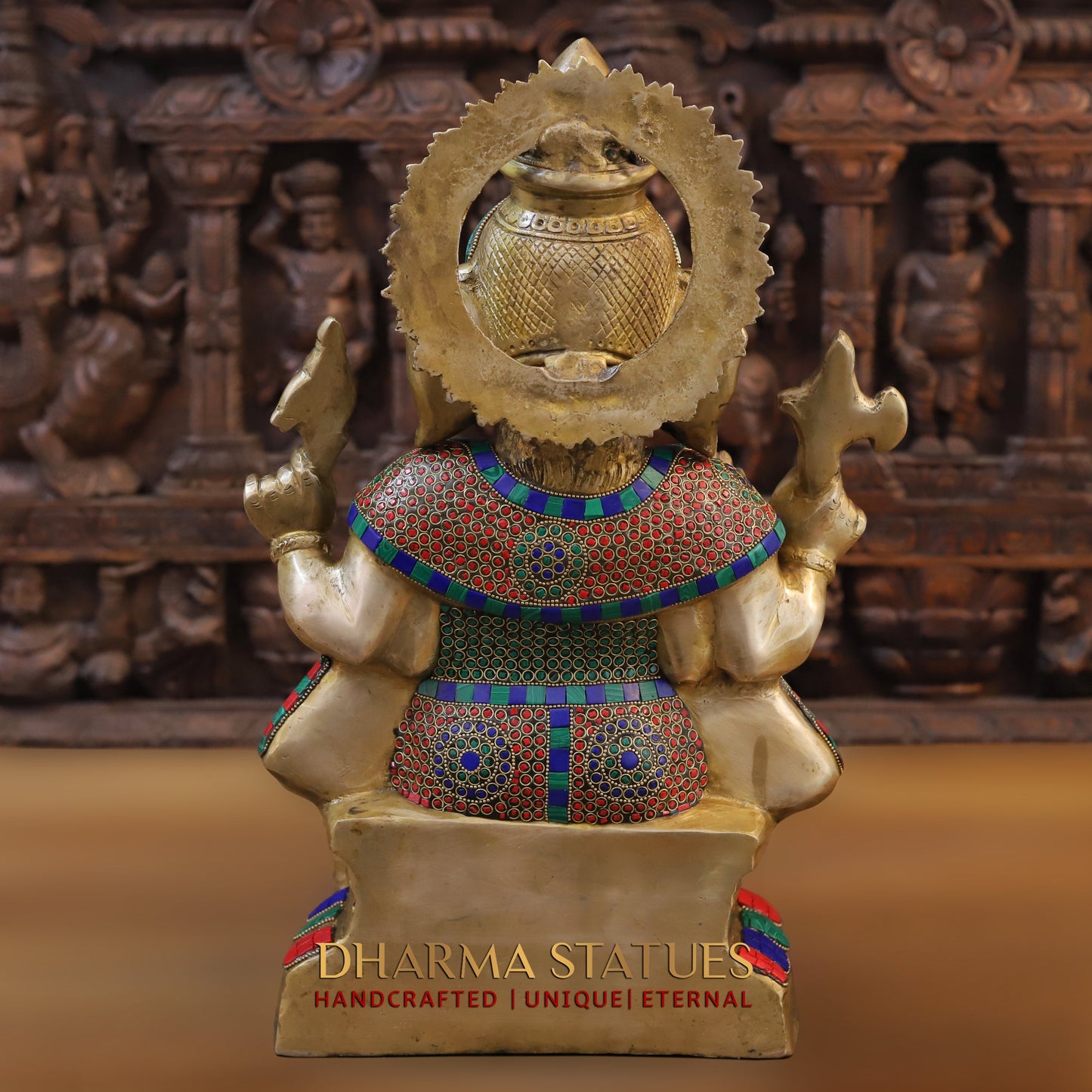 Brass Ganesh seated on Base, Blessing posture, Golden & Stonework, 19"
