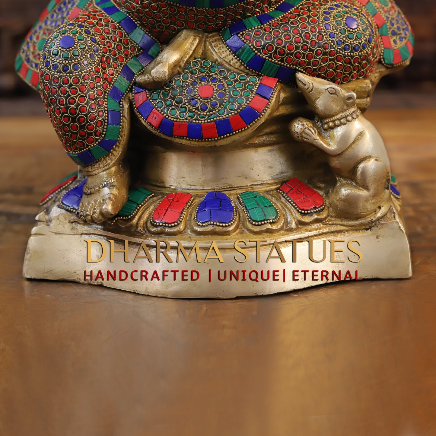 Brass Ganesh seated on Base, Blessing posture, Golden & Stonework, 19"