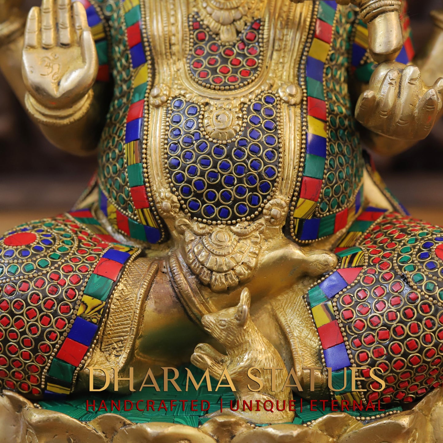 Brass Ganesh seated on Lotus, Blessing Posture, Golden & Stonework, 16"