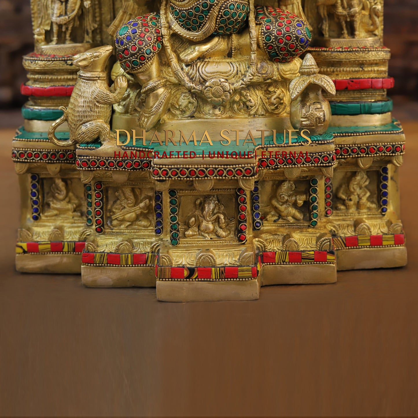 Brass Ganesh Seated in Temple, Golden & Stonework, 18"