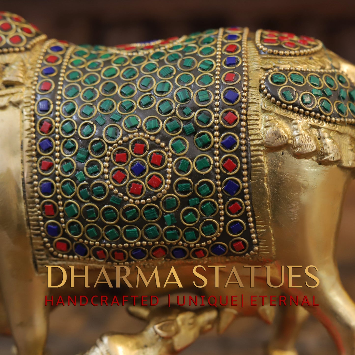 Brass Cow With Calf Standing on Base, Golden Finish & Stonework, 7"