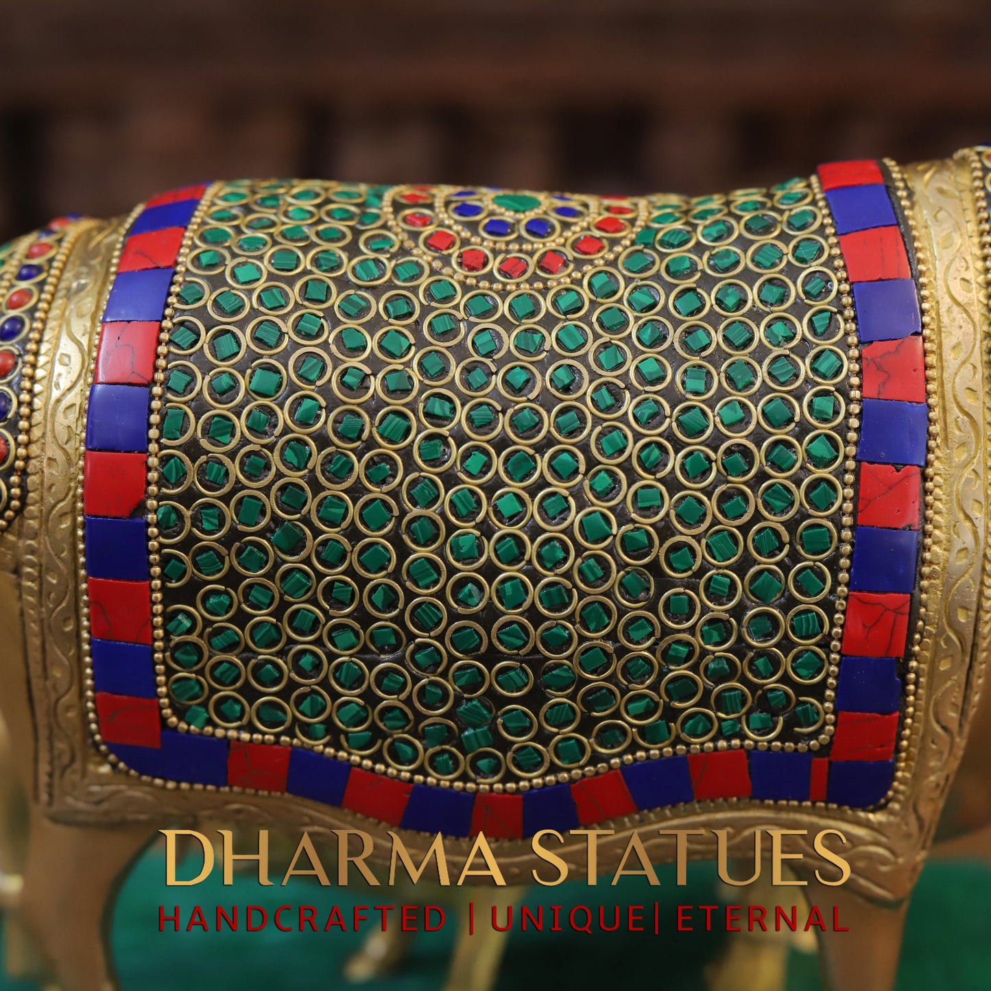 Brass Cow With Calf Standing on Chowki, Golden Finish & Stonework, 7"