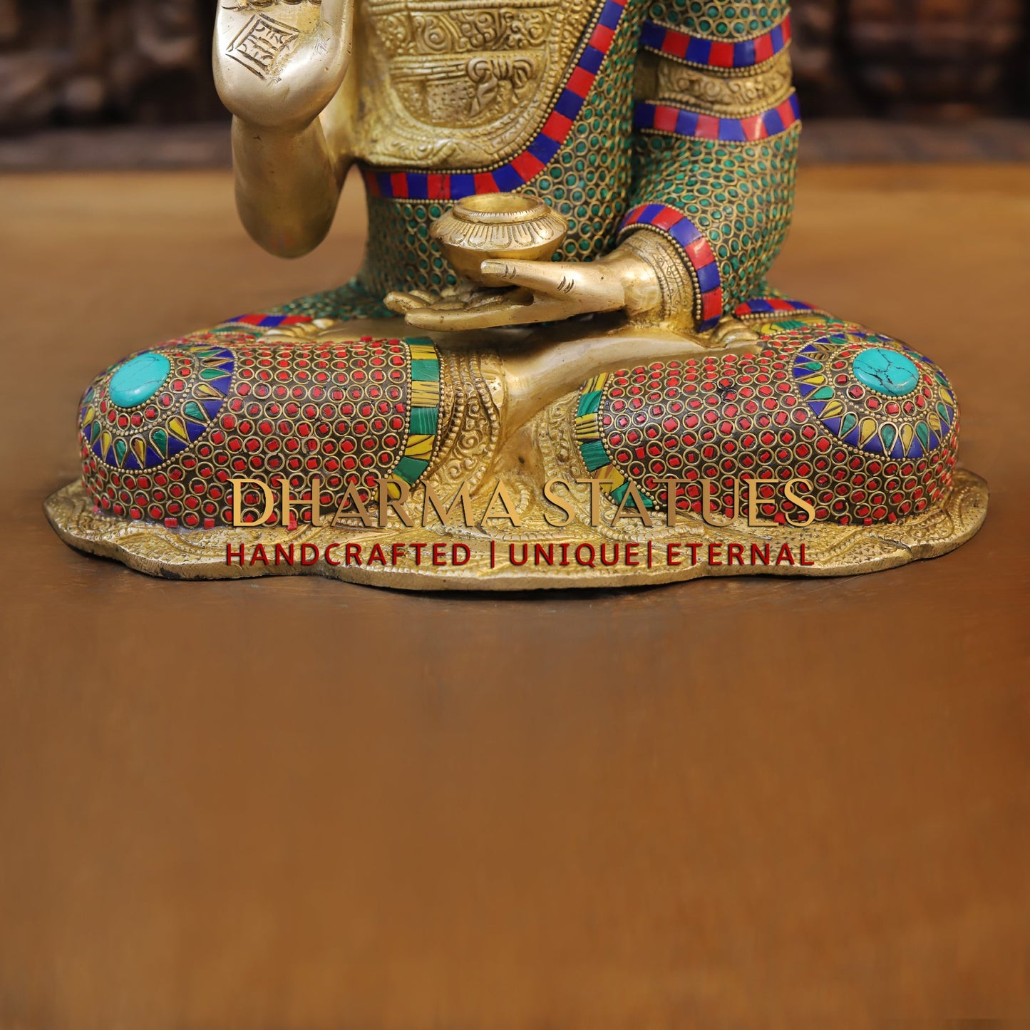 Brass Buddha seated, Blessing Position, Golden & Stonework, 16"