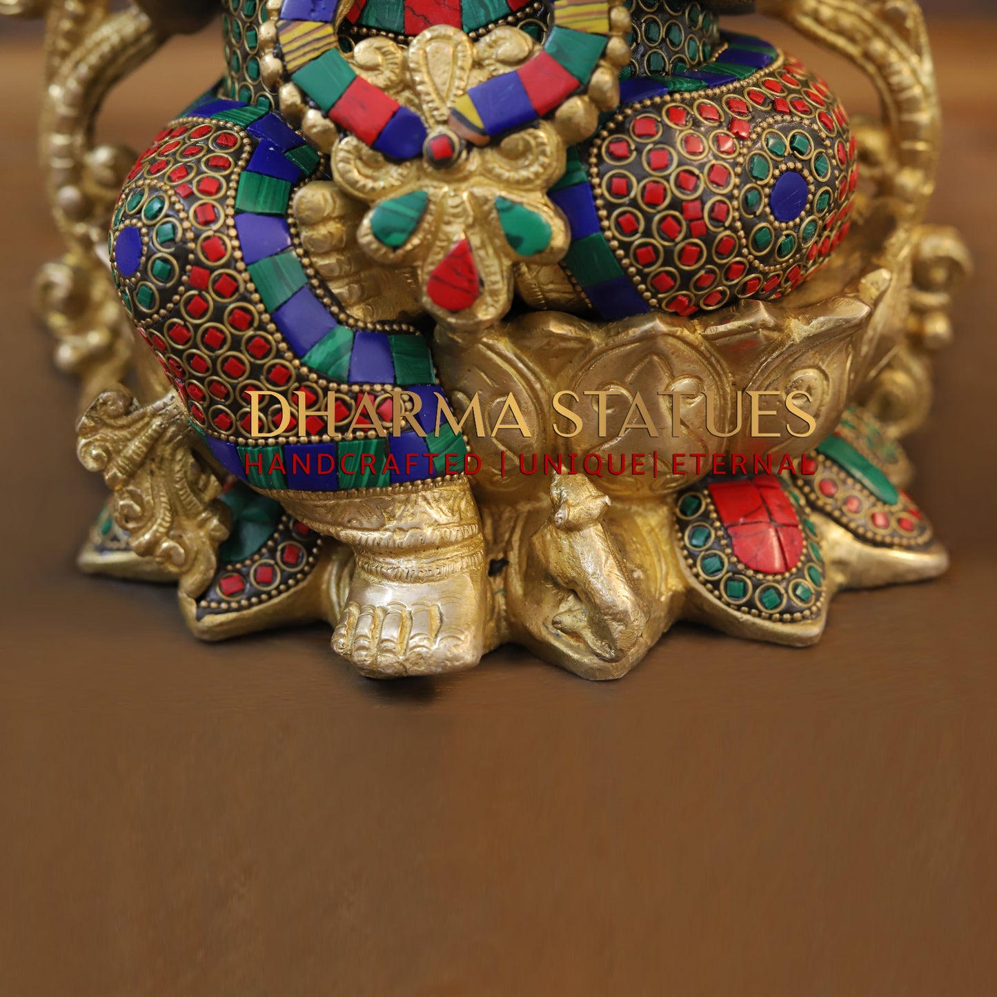 Brass Ganesh seated on Lotus, Blessing Posture, Golden & Stonework, 11.5"