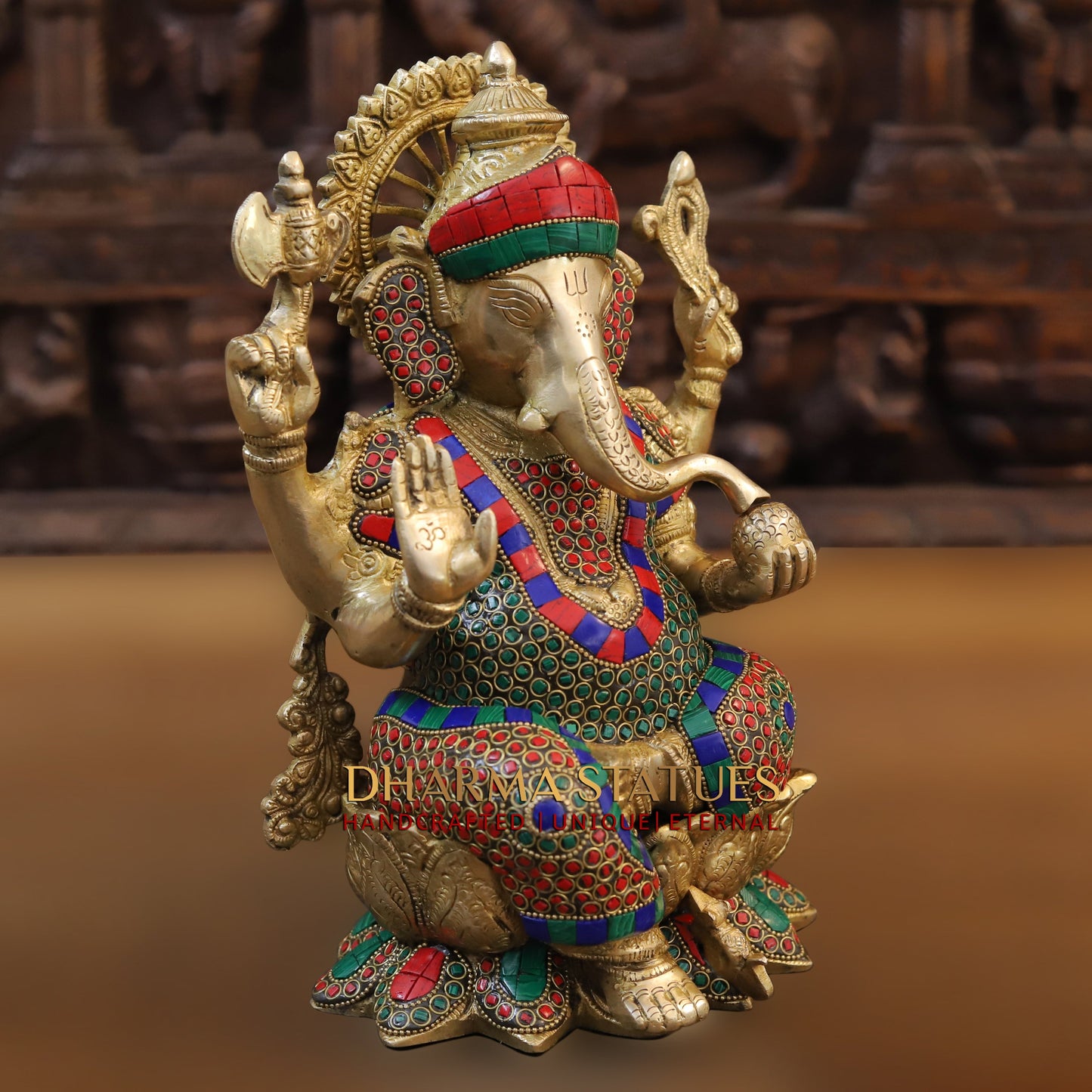 Brass Ganesh seated on Lotus, Blessing Posture, Golden & Stonework, 13"