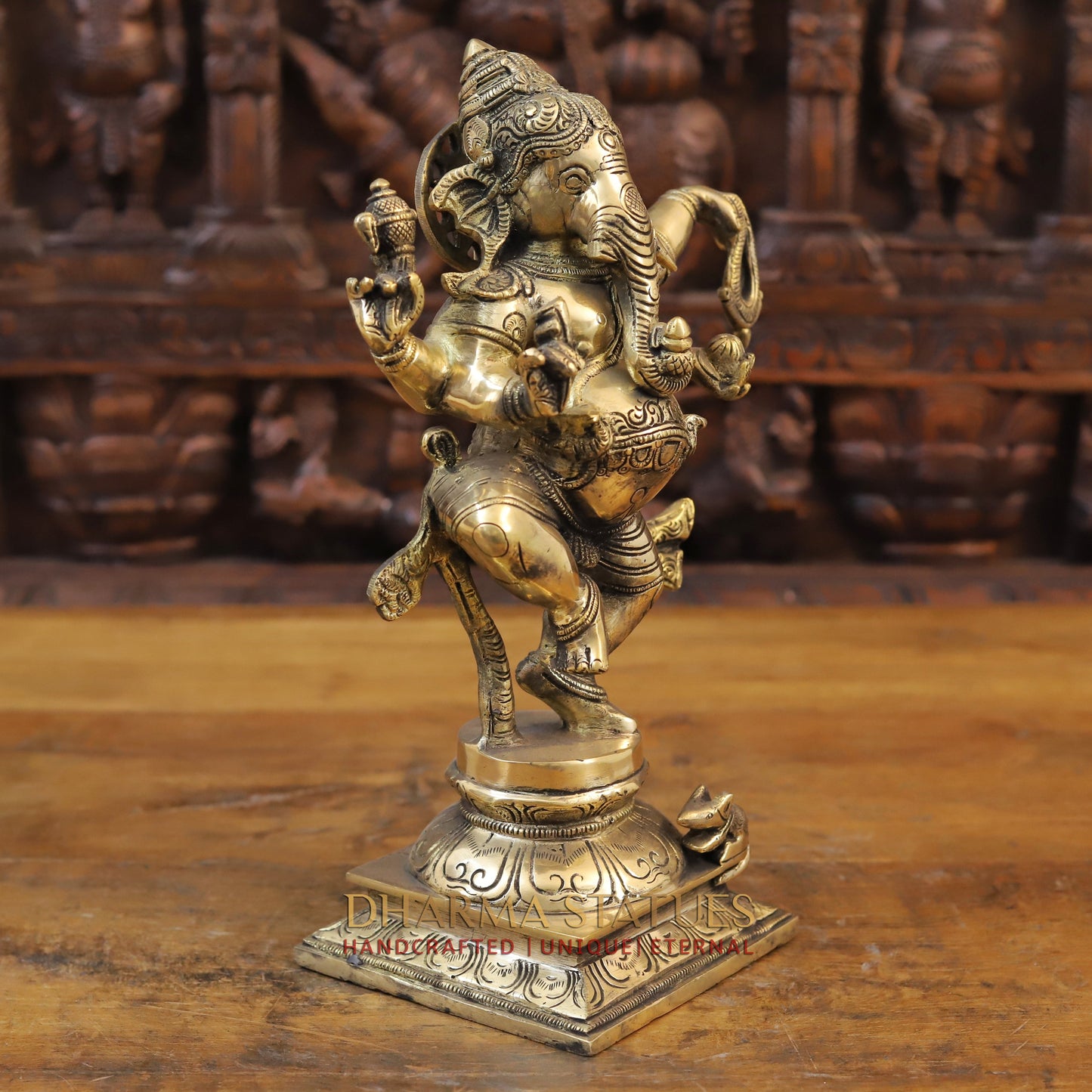 Brass Dancing Ganesh Idol, Fine Golden Finish 14"