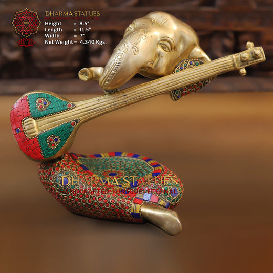 Brass Modern Ganesh with Veena, Golden & Stonework, 8.5"