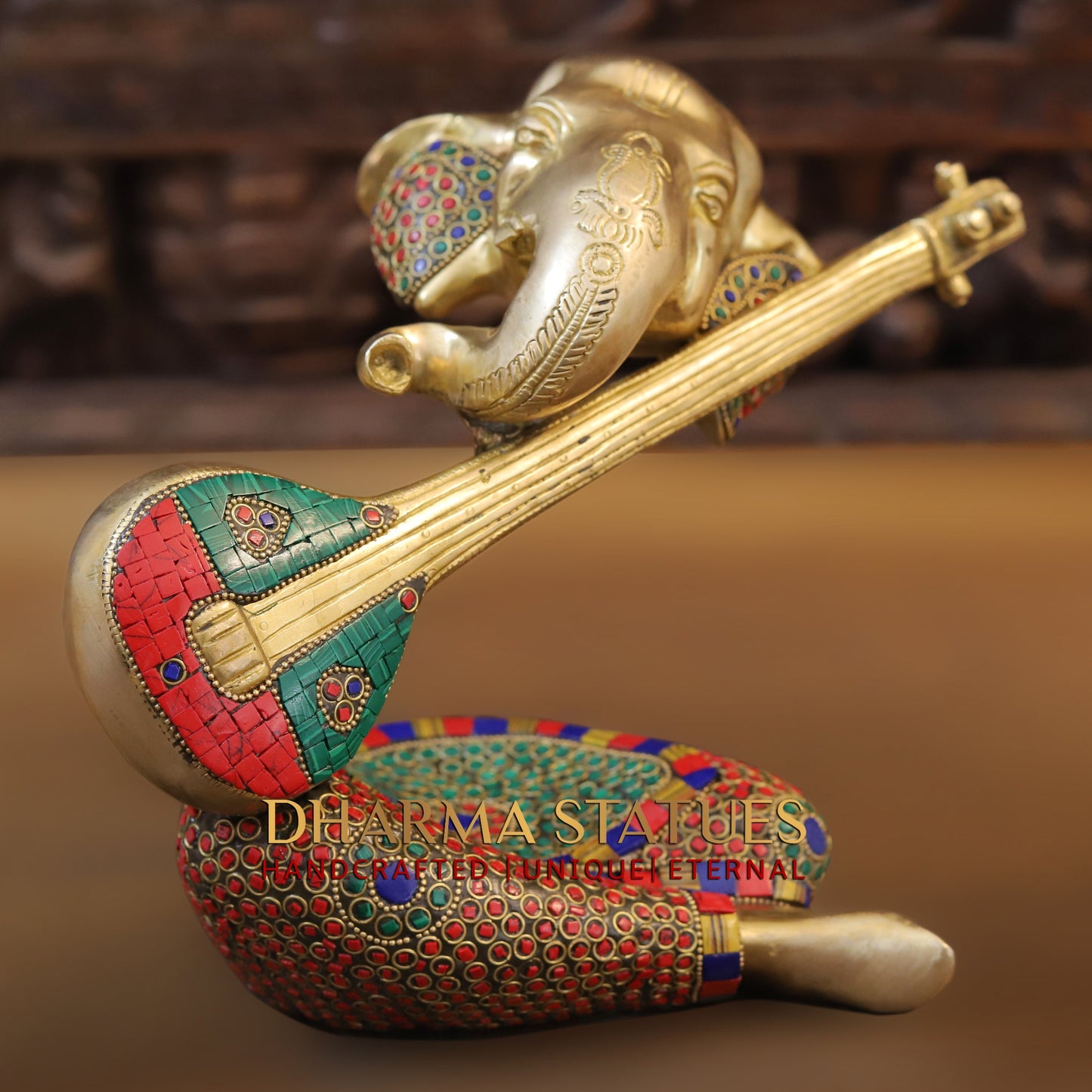 Brass Modern Ganesh with Veena, Golden & Stonework, 8.5"