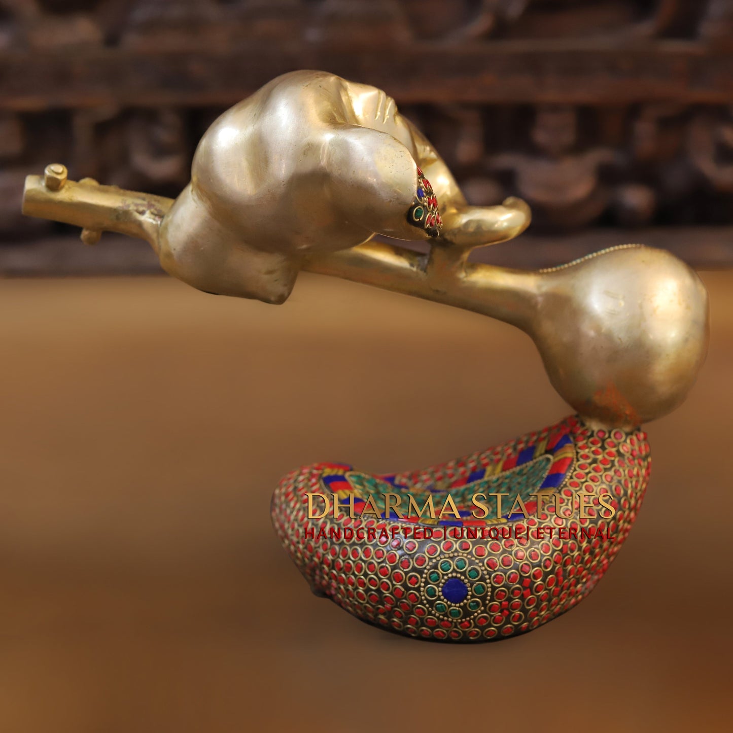 Brass Modern Ganesh with Veena, Golden & Stonework, 8.5"