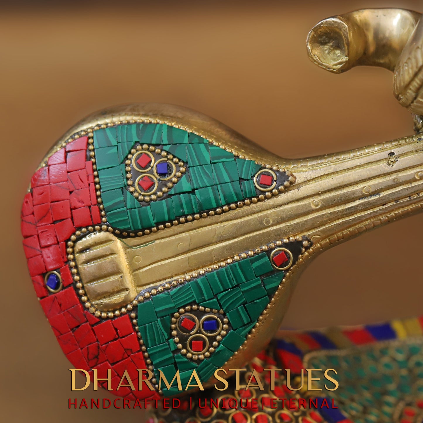 Brass Modern Ganesh with Veena, Golden & Stonework, 8.5"