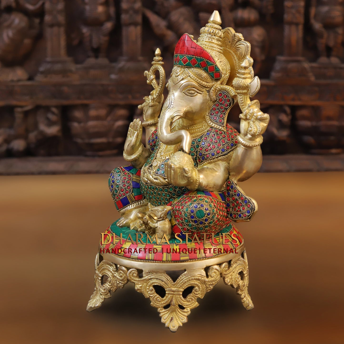 Brass Ganesh seated on Chowki. Blessing Posture, Golden & Stonework, 13"