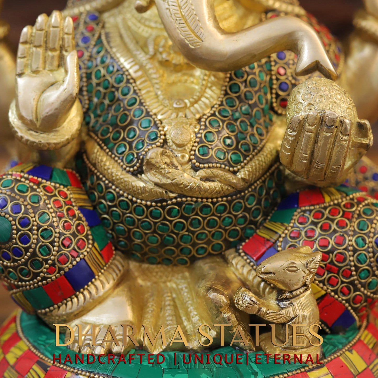 Brass Ganesh seated on Chowki. Blessing Posture, Golden & Stonework, 13"