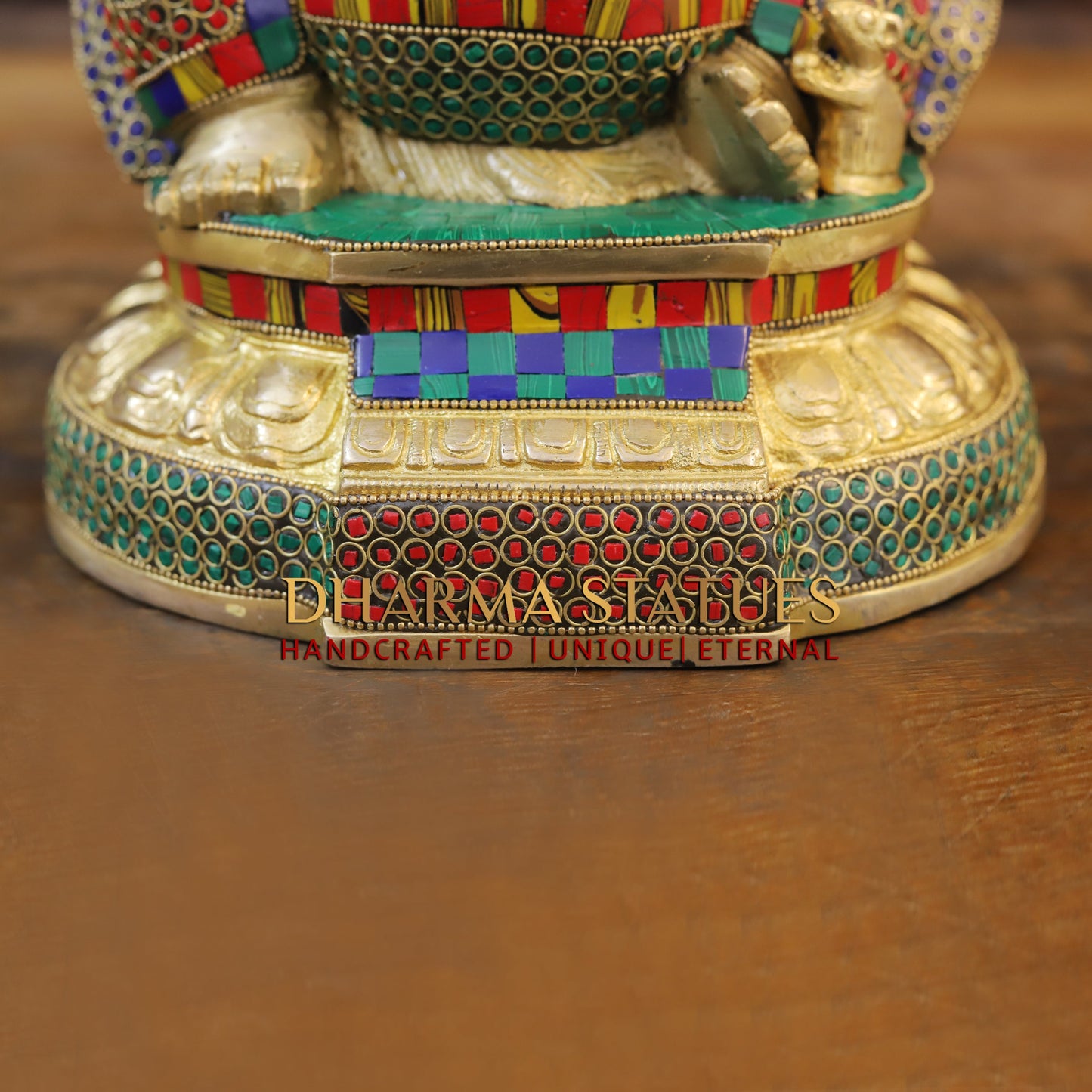 Brass Ganesh seated on Base, Golden & Stonework, 13"