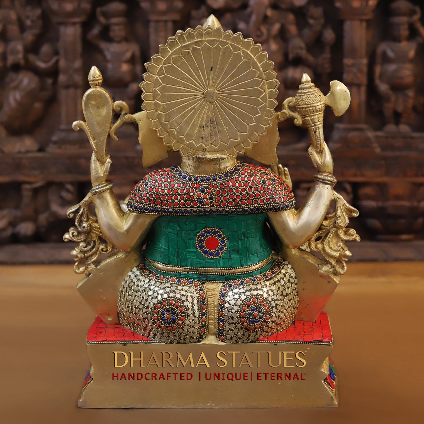 Brass Ganesh seated on Base, Blessing Posture, Golden & Stonework, 15.5"