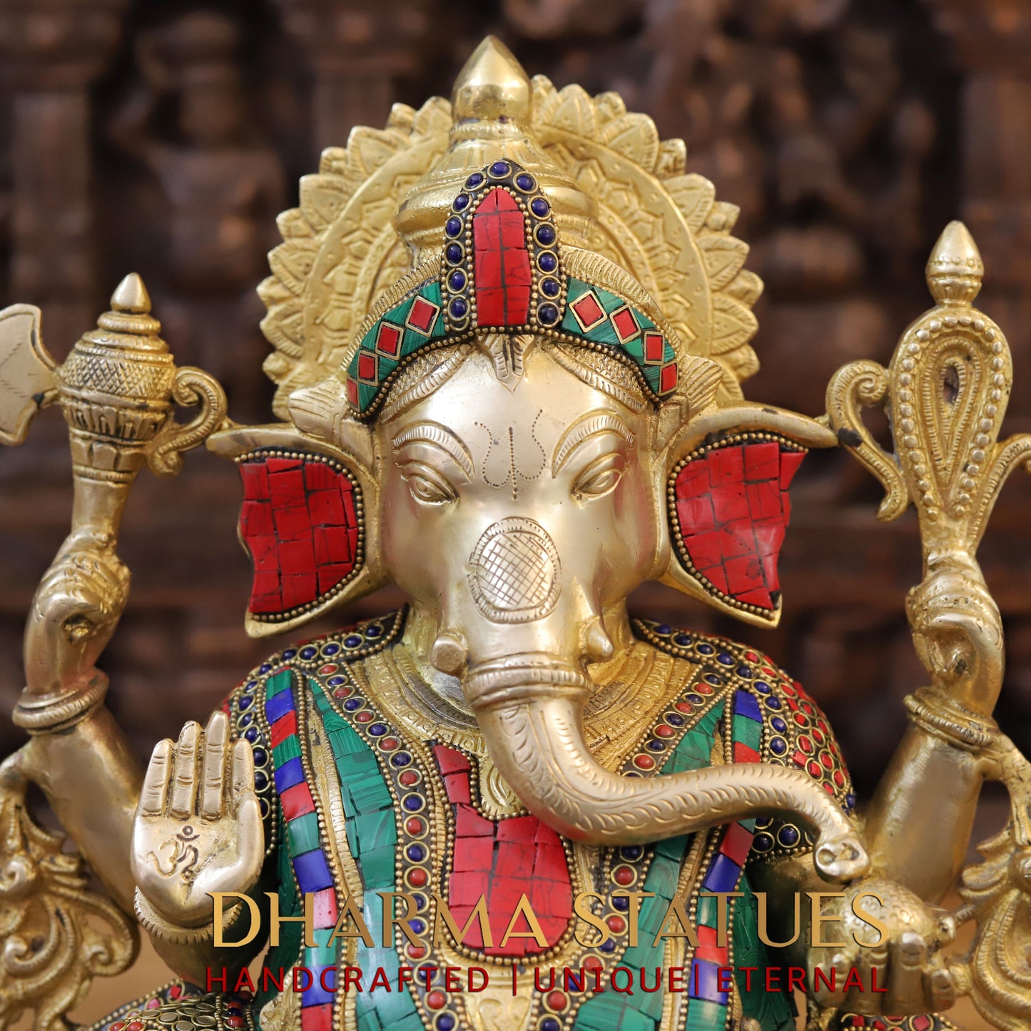 Brass Ganesh seated on Base, Blessing Posture, Golden & Stonework, 15.5"