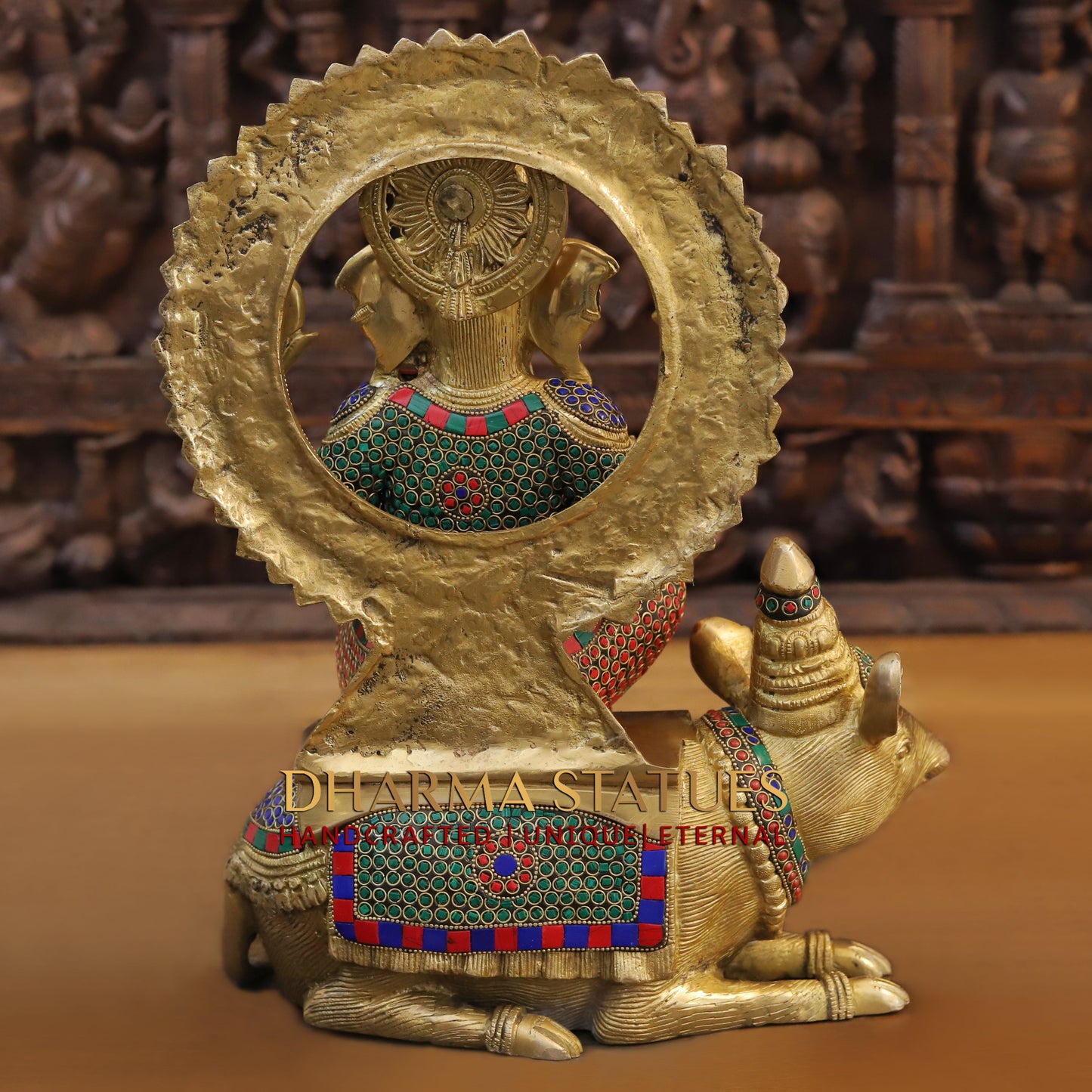 Brass Ganesh seated on Rat, Golden & Stonework, 16"