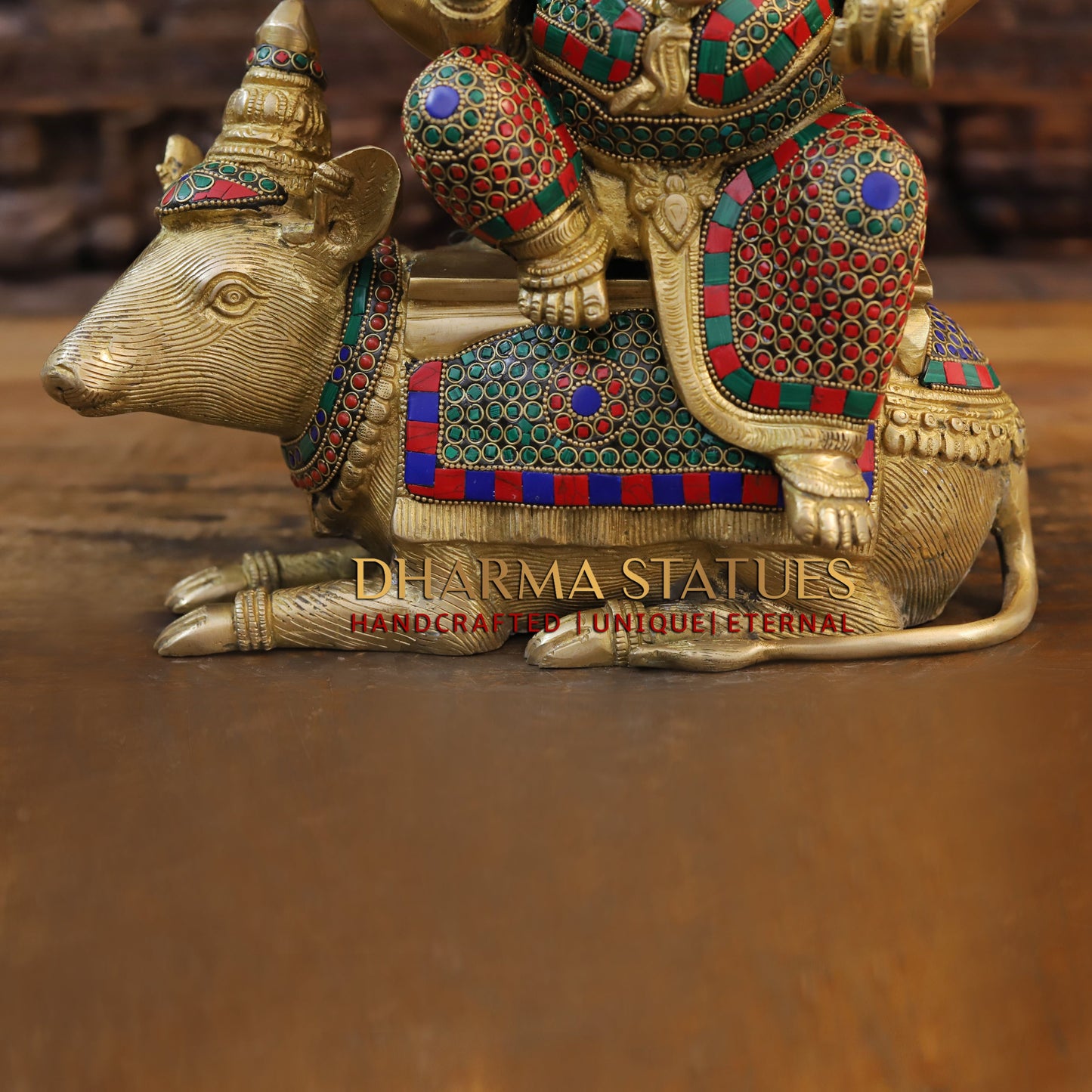 Brass Ganesh seated on Rat, Golden & Stonework, 16"