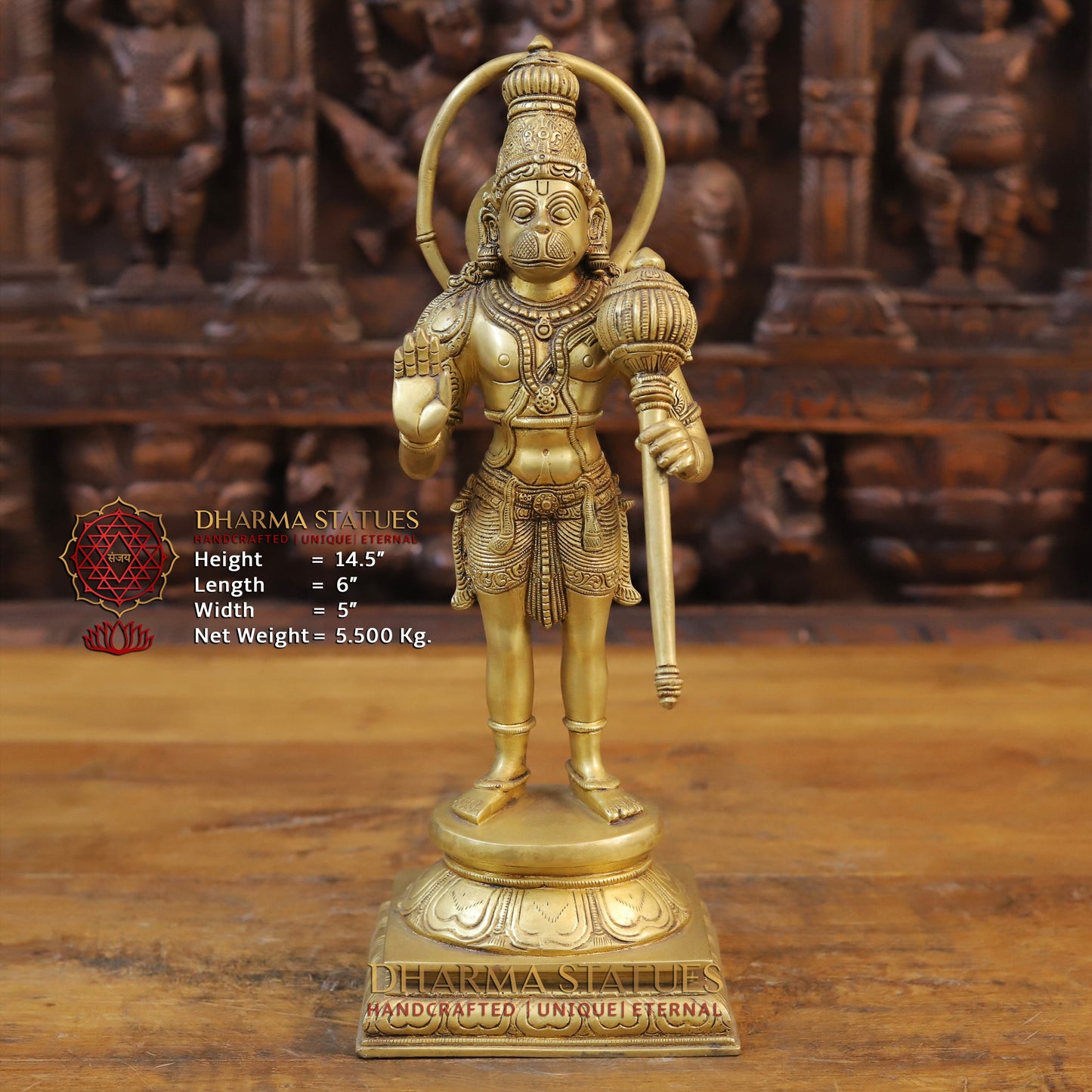 Brass Lord Hanuman Idol, Standing on a Lotus, Fine Golden Finish 14.5" Front View