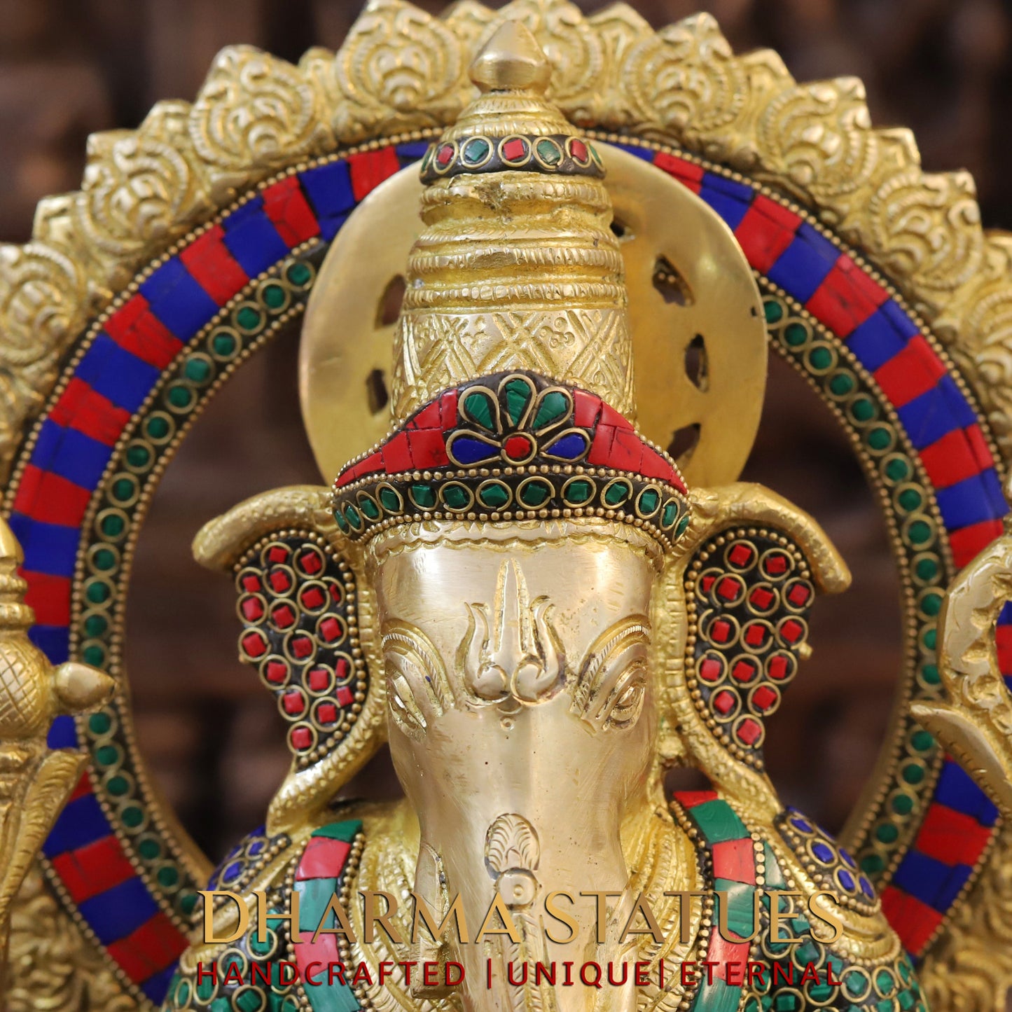 Brass Ganesh seated on Rat, Golden & Stonework, 16"