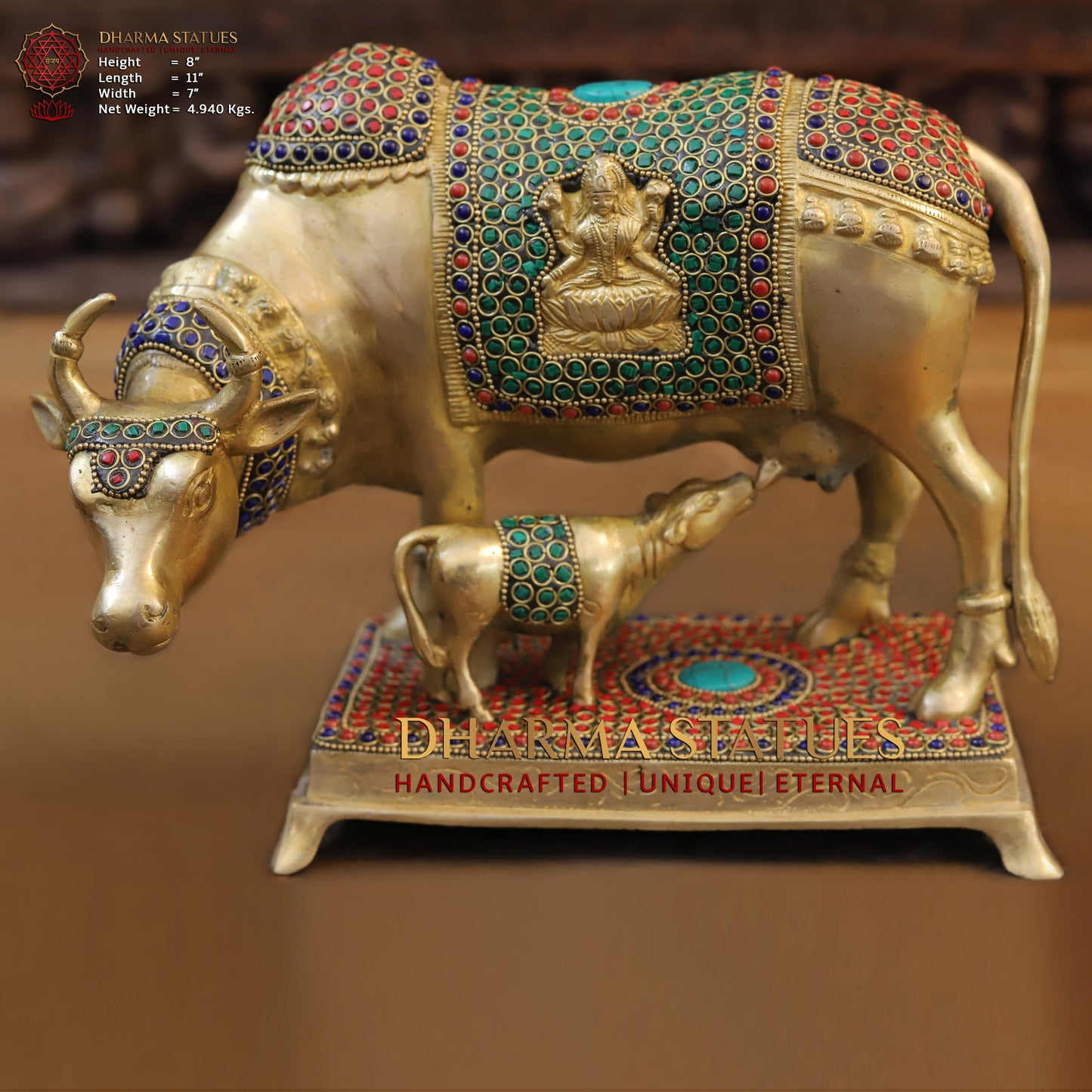 Brass Cow With Calf Standing on Chowki, Lakshmi Ji Engraved, Golden Finish & Stonework, 8"