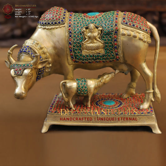 Brass Cow With Calf Standing on Chowki, Lakshmi Ji Engraved, Golden Finish & Stonework, 8"