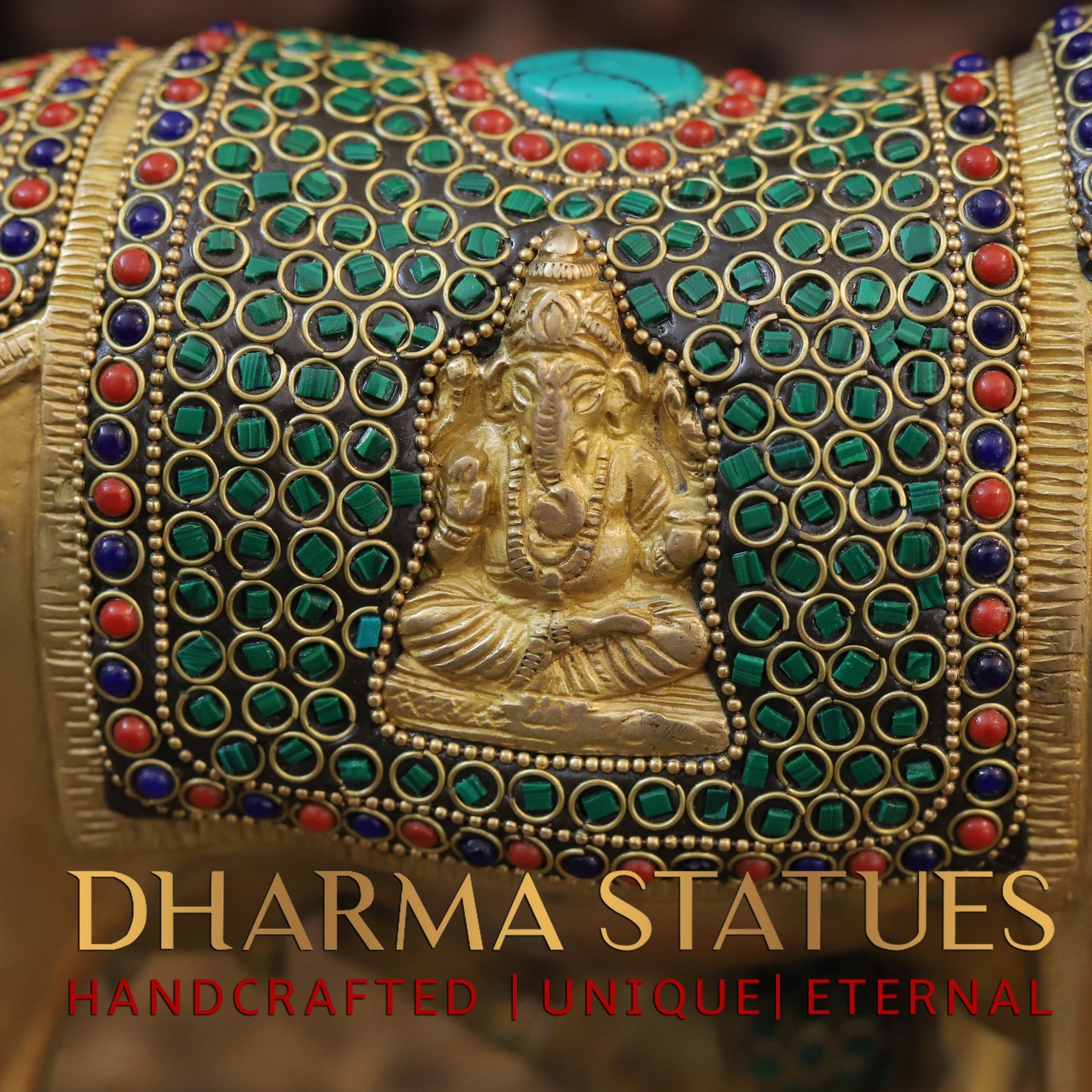 Brass Cow With Calf Standing on Chowki, Lakshmi Ji Engraved, Golden Finish & Stonework, 8"