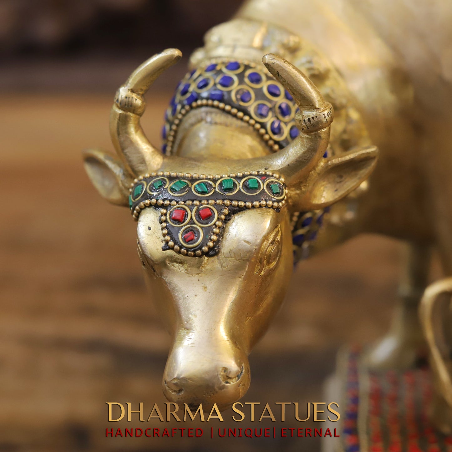 Brass Cow With Calf Standing on Chowki, Lakshmi Ji Engraved, Golden Finish & Stonework, 8"