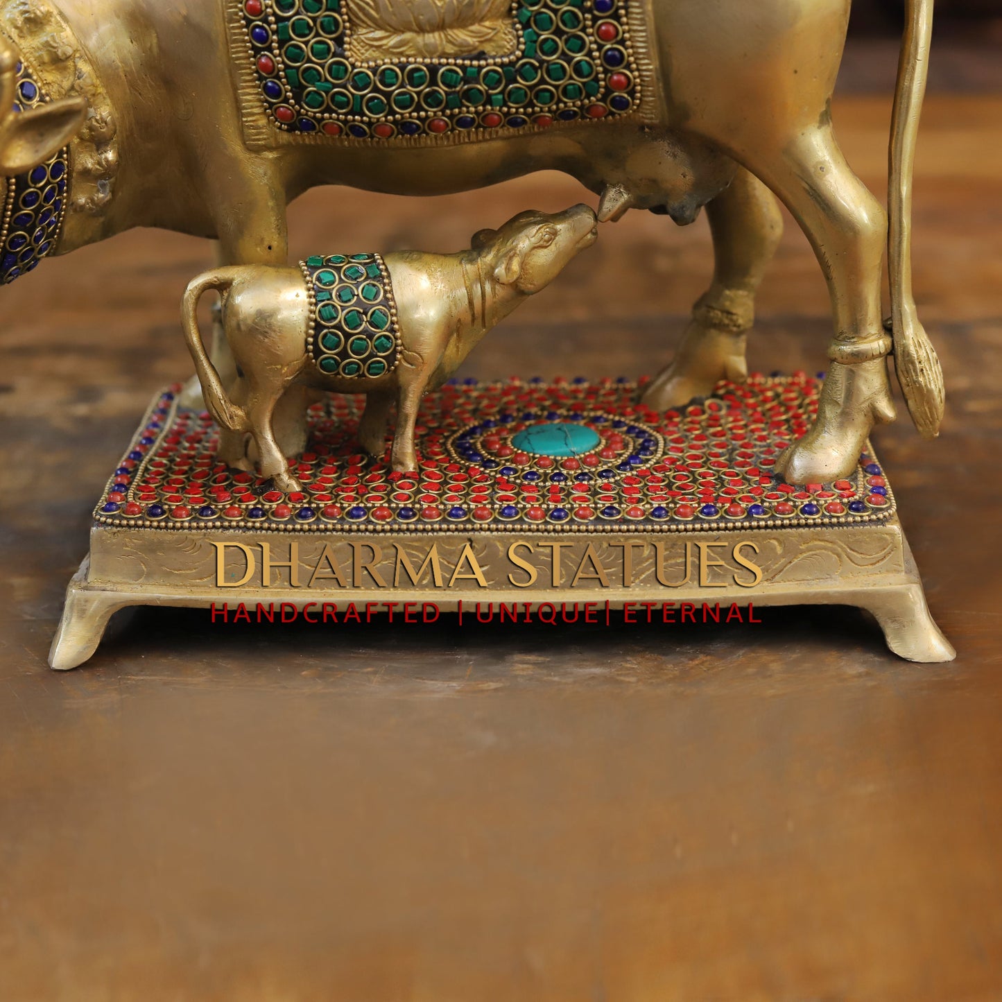 Brass Cow With Calf Standing on Chowki, Lakshmi Ji Engraved, Golden Finish & Stonework, 8"