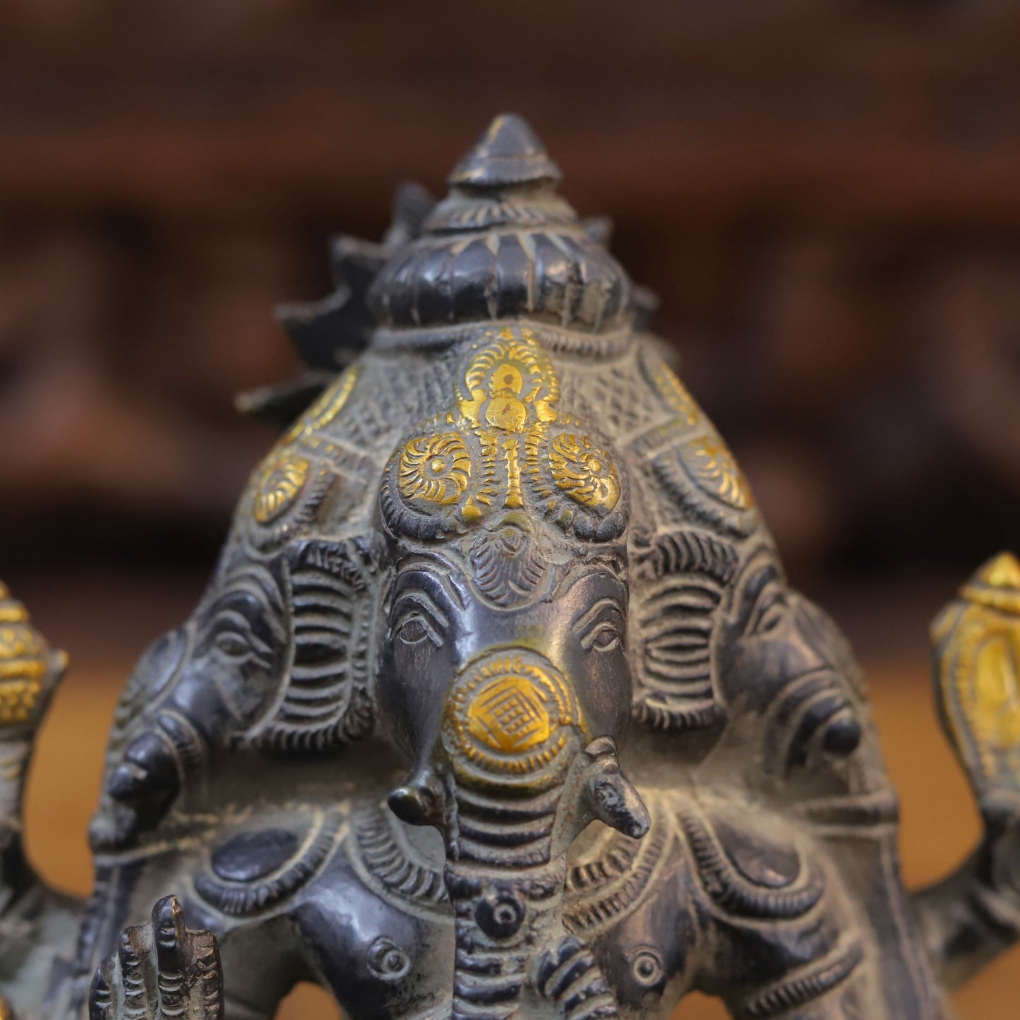 Brass Ganesh 3 face seated, Black Patina & Golden Finish, 7"