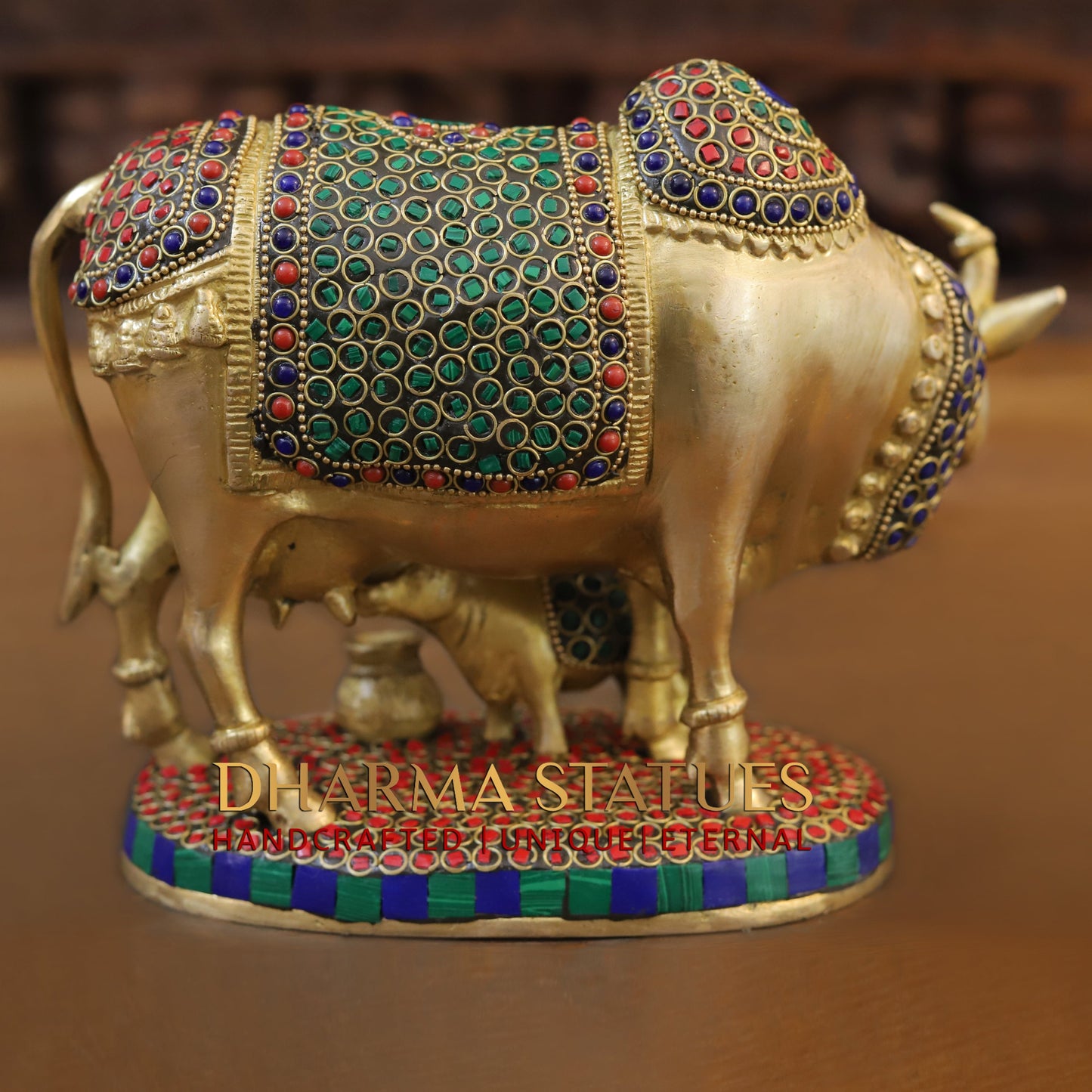 Brass Cow With Calf Standing on Base, Golden Finish & Stonework, 7"