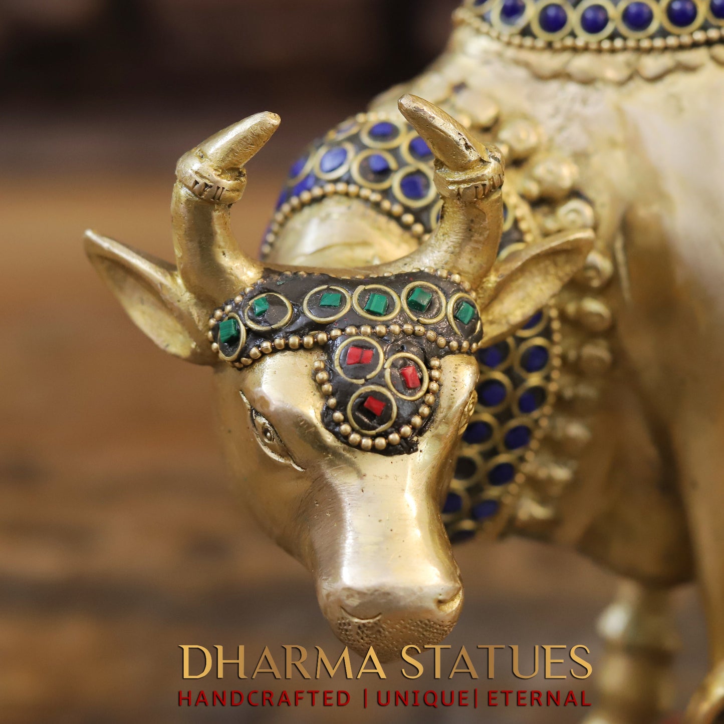 Brass Cow With Calf Standing on Base, Golden Finish & Stonework, 7"