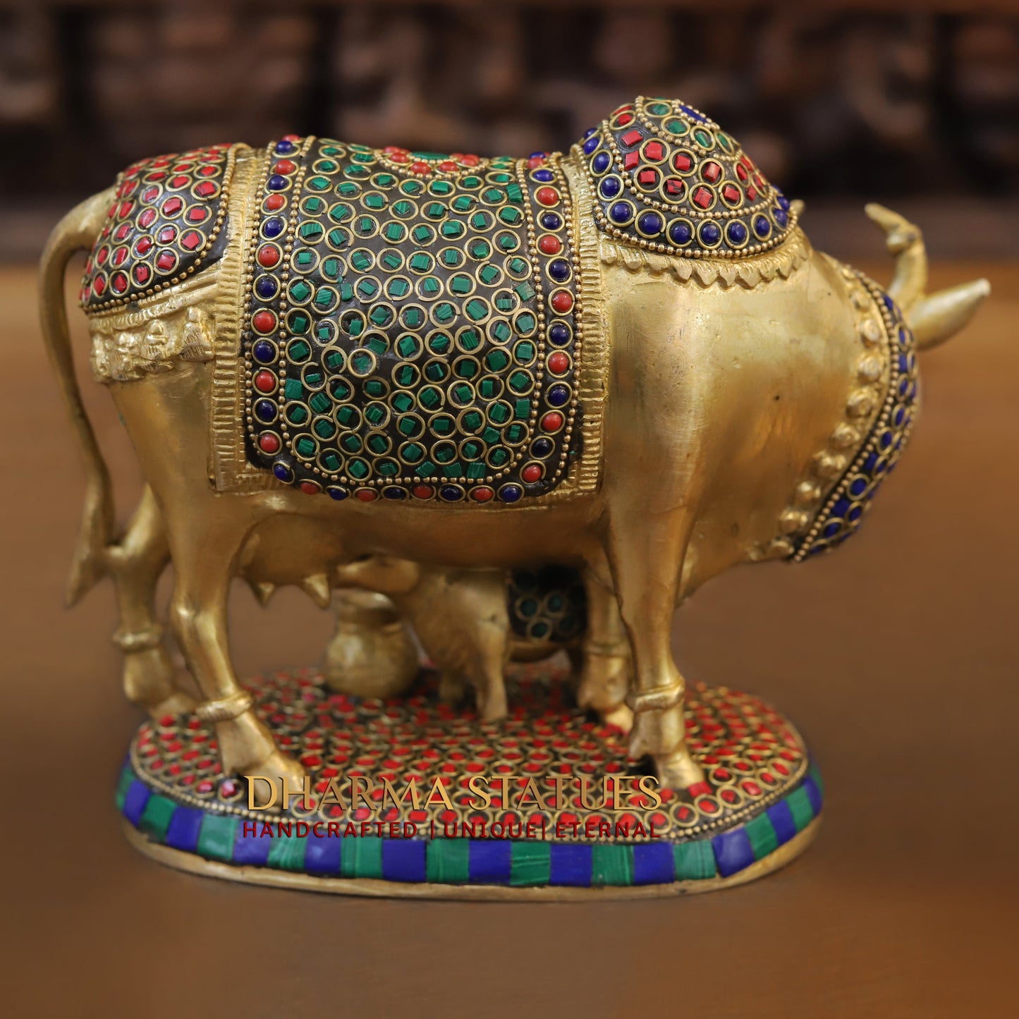 Brass Cow With Calf Standing on Base, Golden Finish & Stonework, 7"