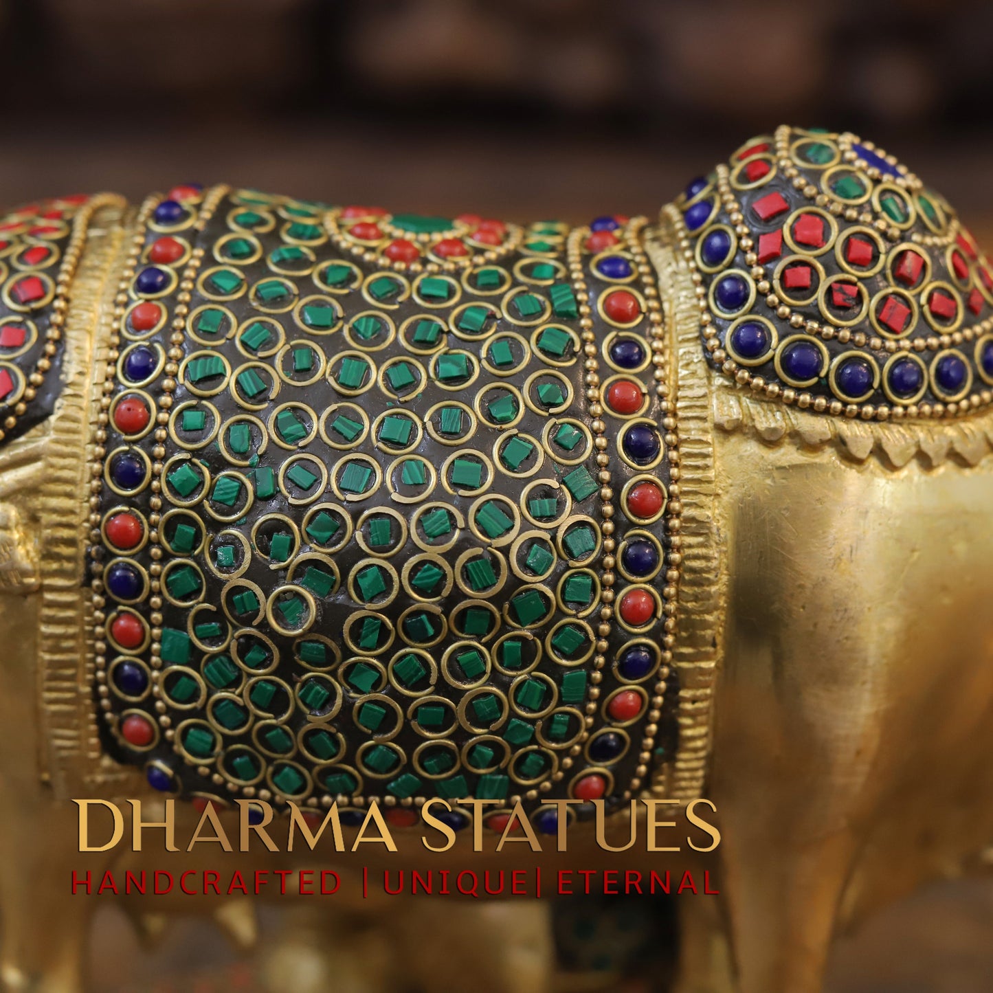 Brass Cow With Calf Standing on Base, Golden Finish & Stonework, 7"